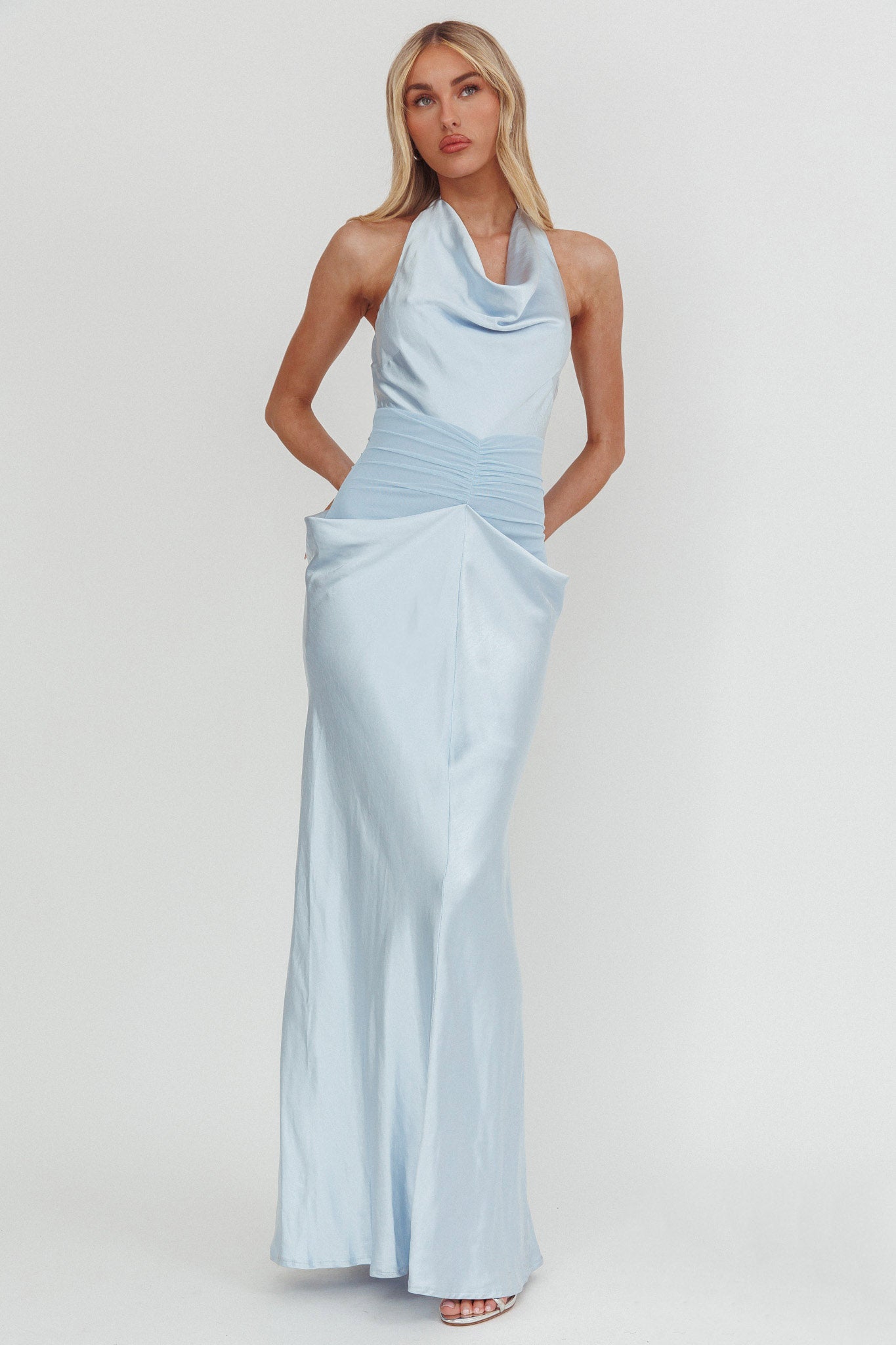 Zynthia Cowl Neck Ruched Waist Maxi Dress Ice Blue by Selfie Leslie Australia