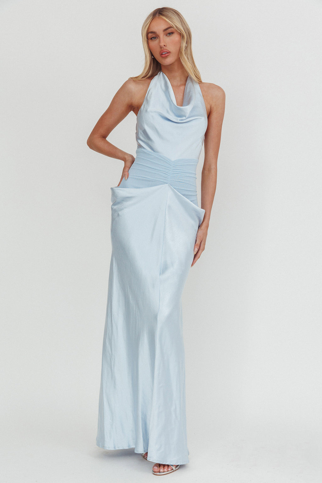 Zynthia Cowl Neck Ruched Waist Maxi Dress Ice Blue by Selfie Leslie Australia