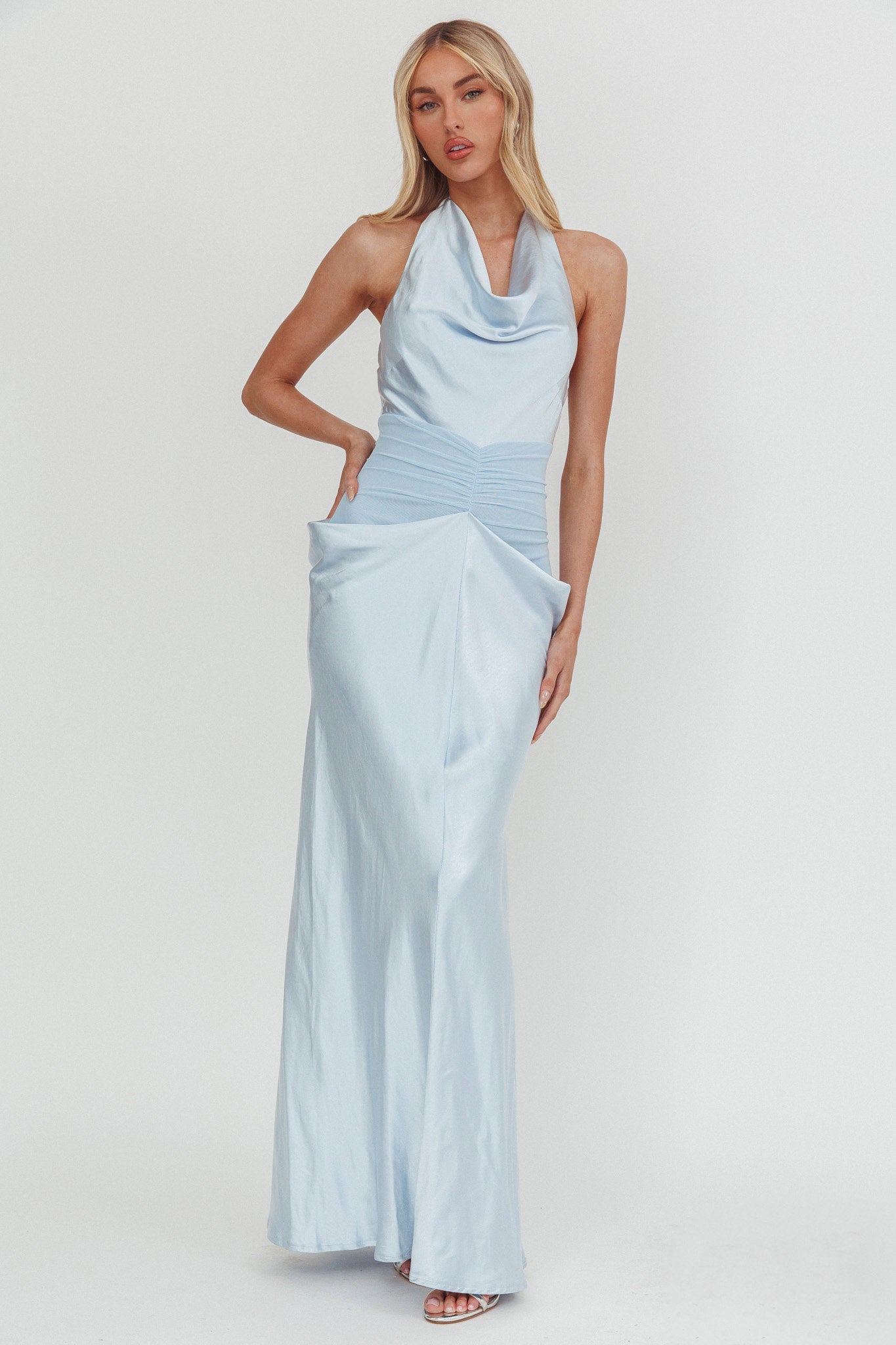 Zynthia Cowl Neck Ruched Waist Maxi Dress Ice Blue by Selfie Leslie Australia