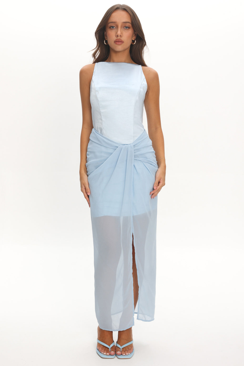 Amelisse Sheer Waist Wrap Maxi Dress Ice Blue by Selfie Leslie Australia