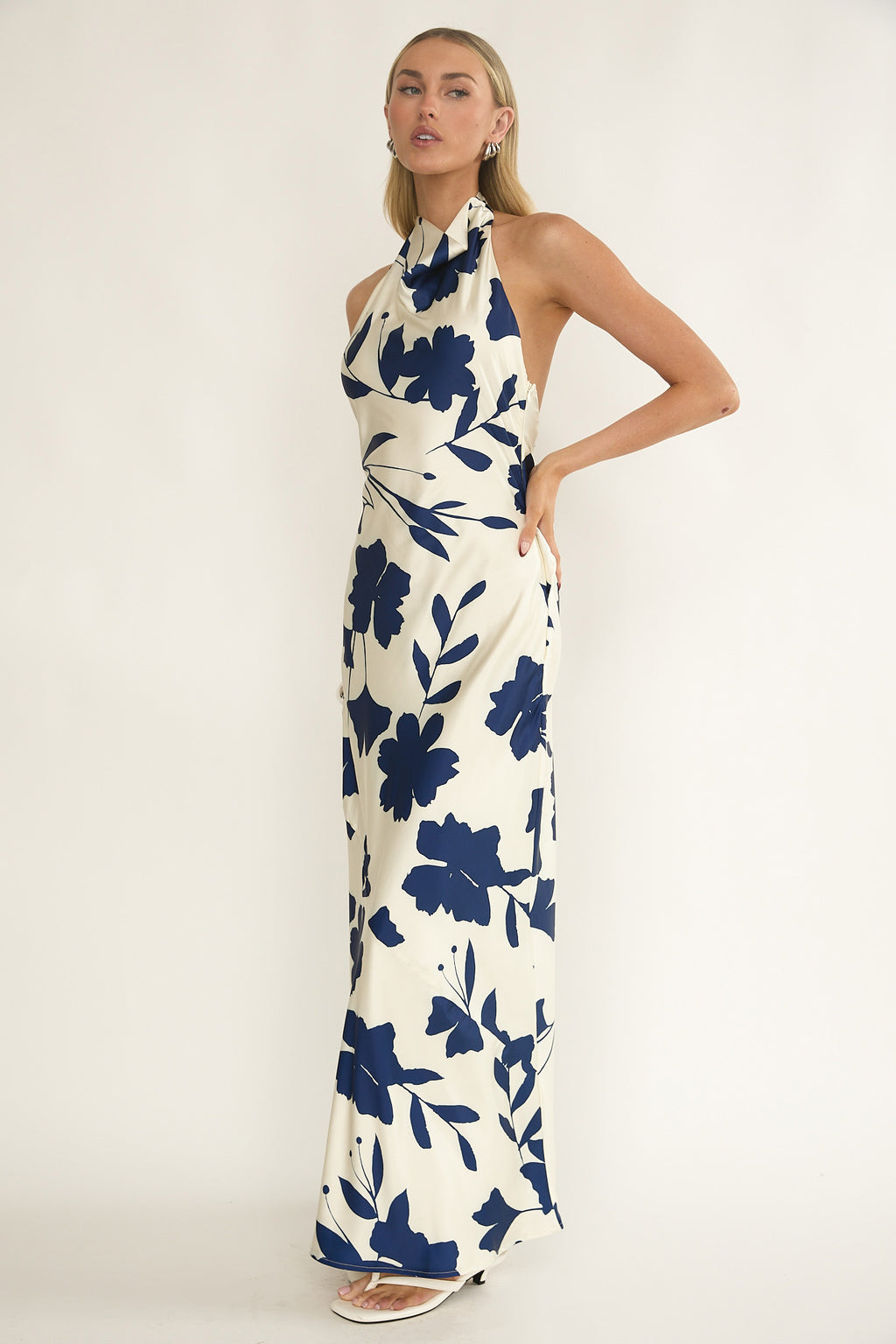 Elowis Cowl Halterneck Maxi Dress Floral Beige by Selfie Leslie Australia