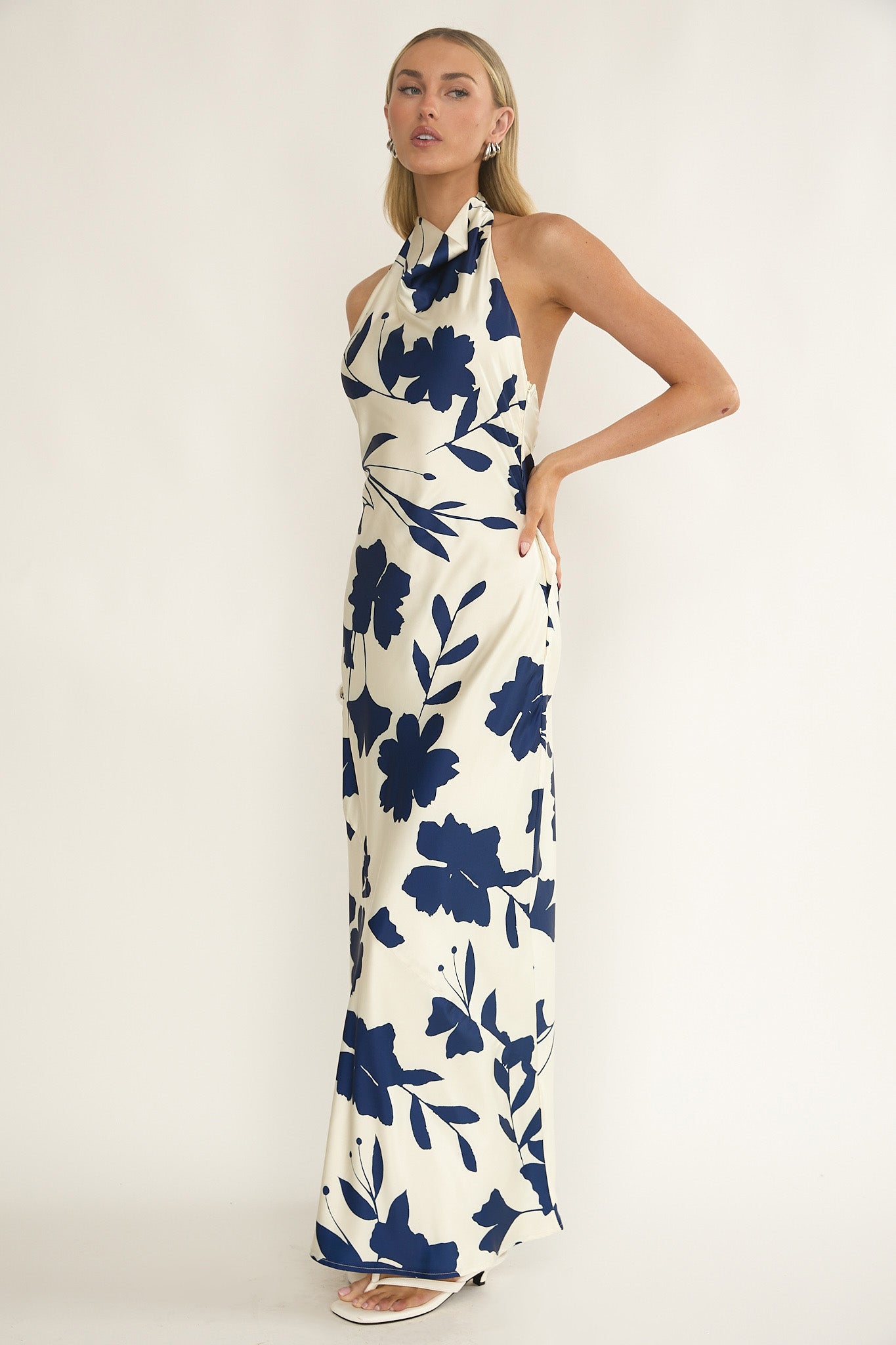 Elowis Cowl Halterneck Maxi Dress Floral Beige by Selfie Leslie Australia