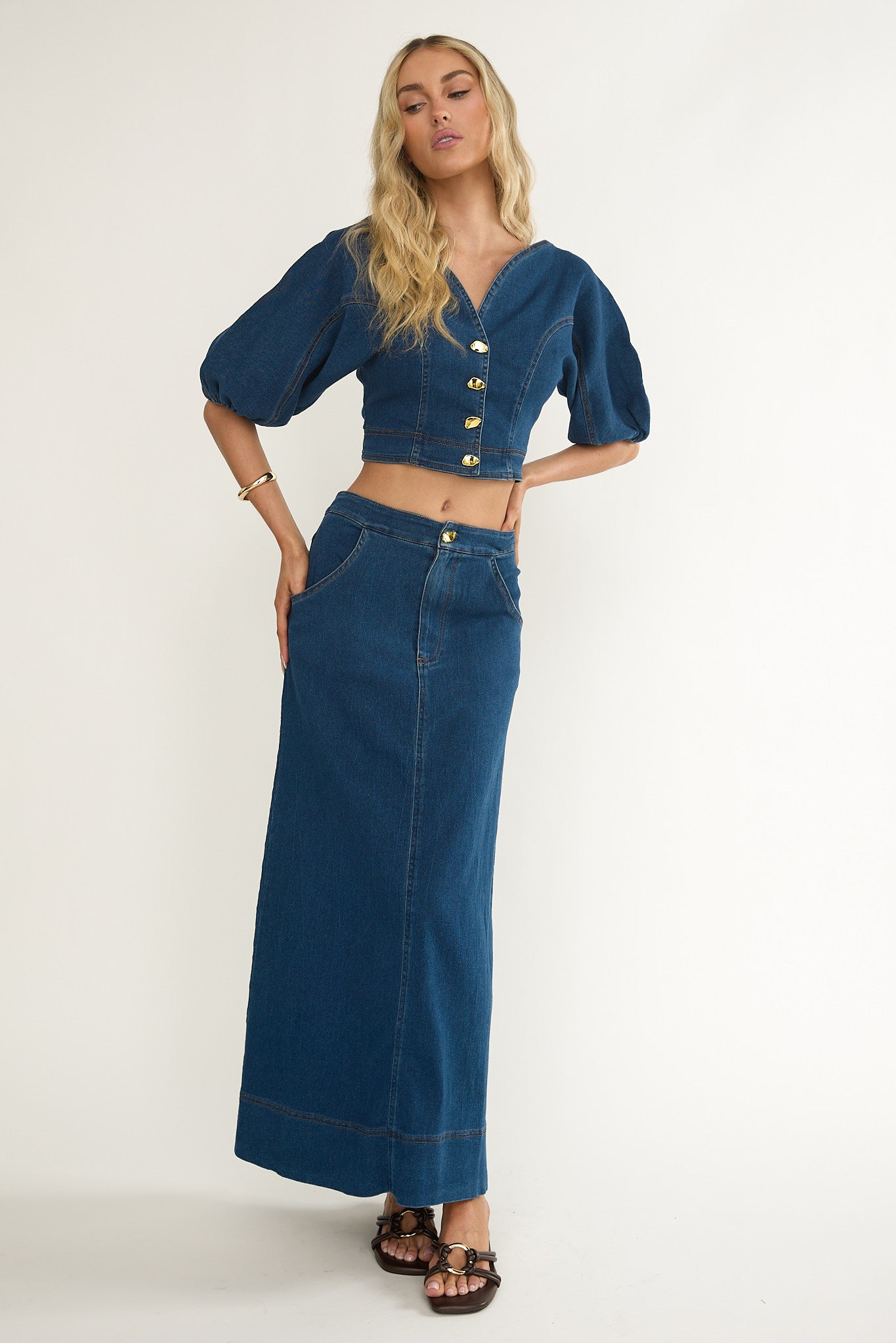 Kaelis Pocket Maxi Skirt Denim by Selfie Leslie Australia