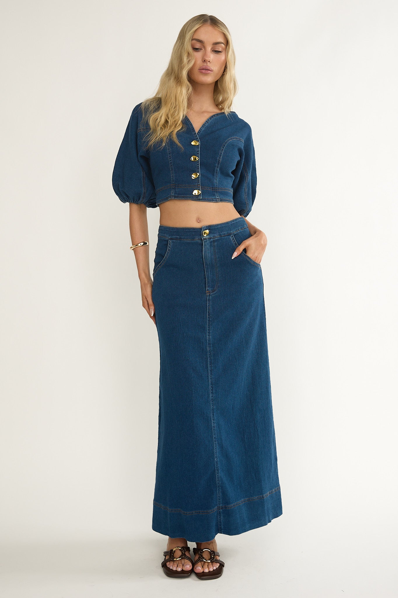 Kaelis Pocket Maxi Skirt Denim by Selfie Leslie Australia