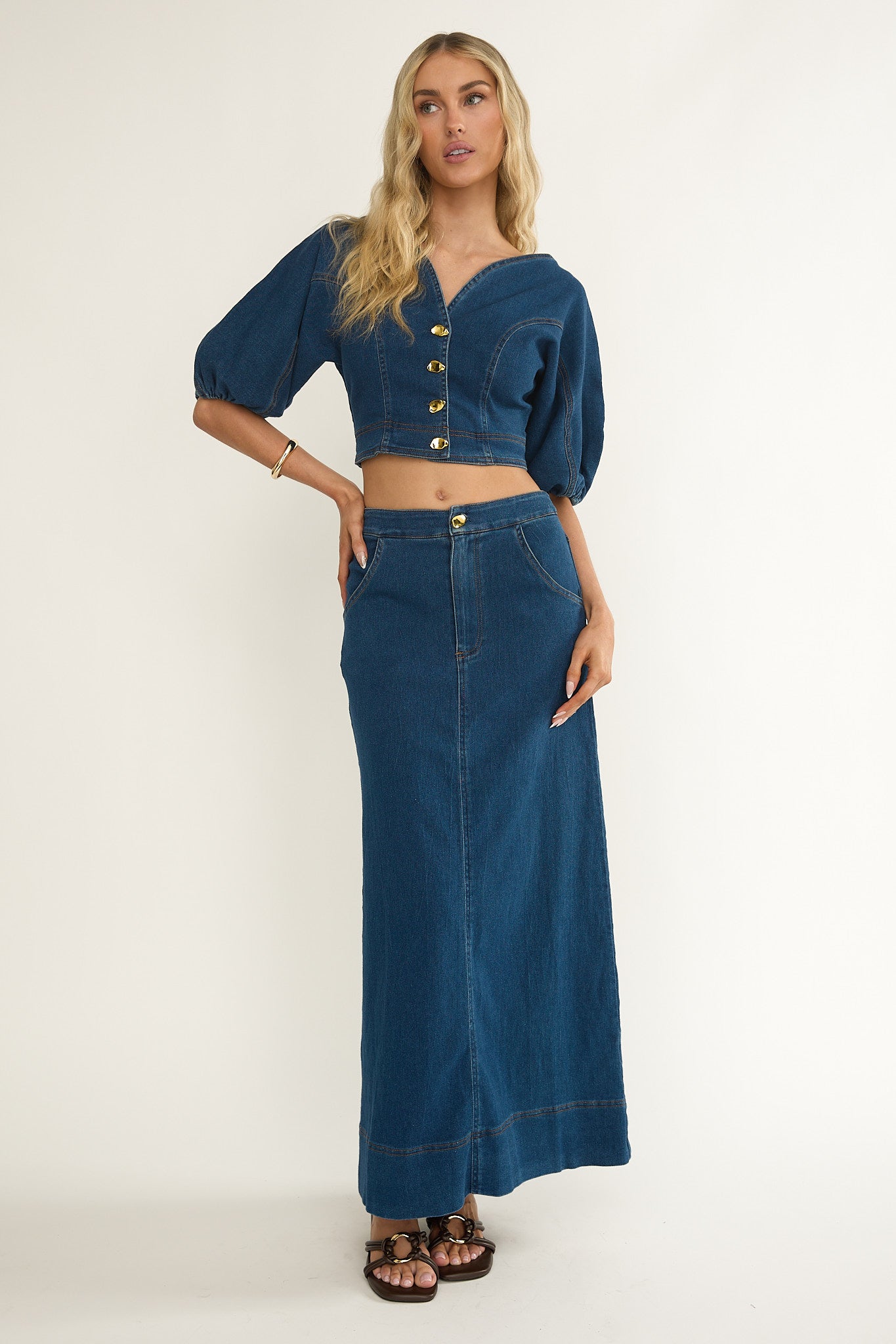 Kaelis Bubble Sleeve Button Top Denim by Selfie Leslie Australia