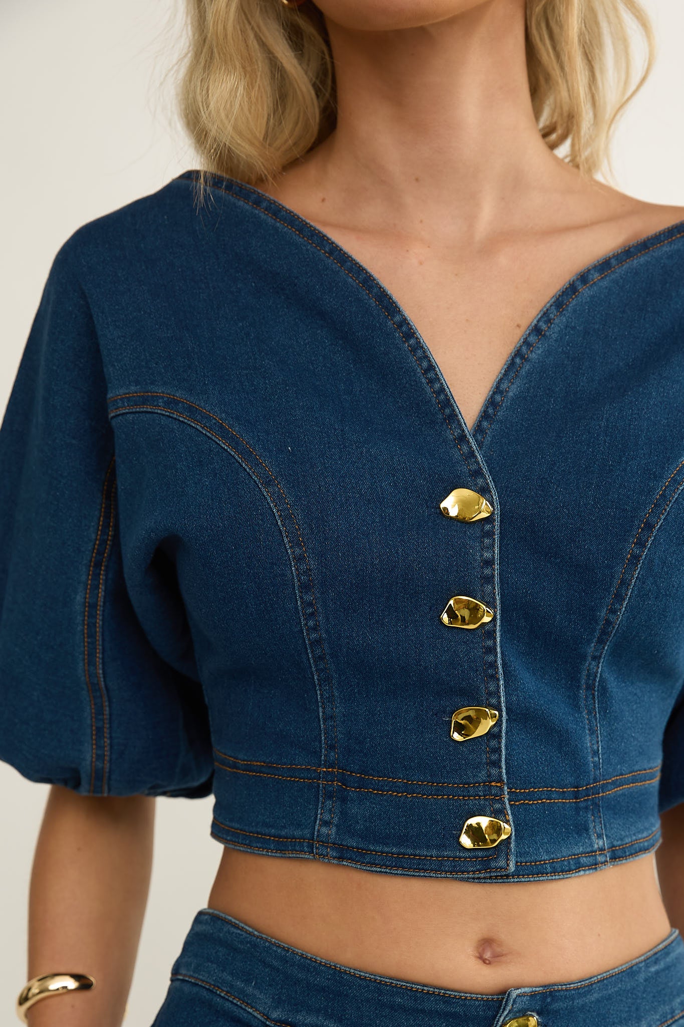 Kaelis Bubble Sleeve Button Top Denim by Selfie Leslie Australia