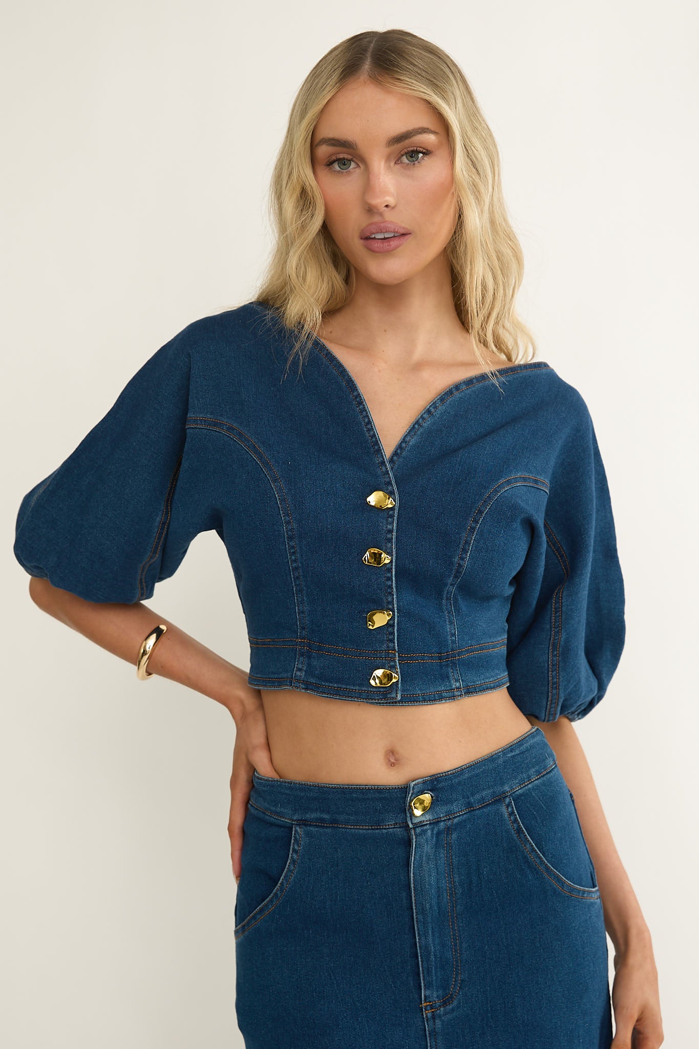 Kaelis Bubble Sleeve Button Top Denim by Selfie Leslie Australia