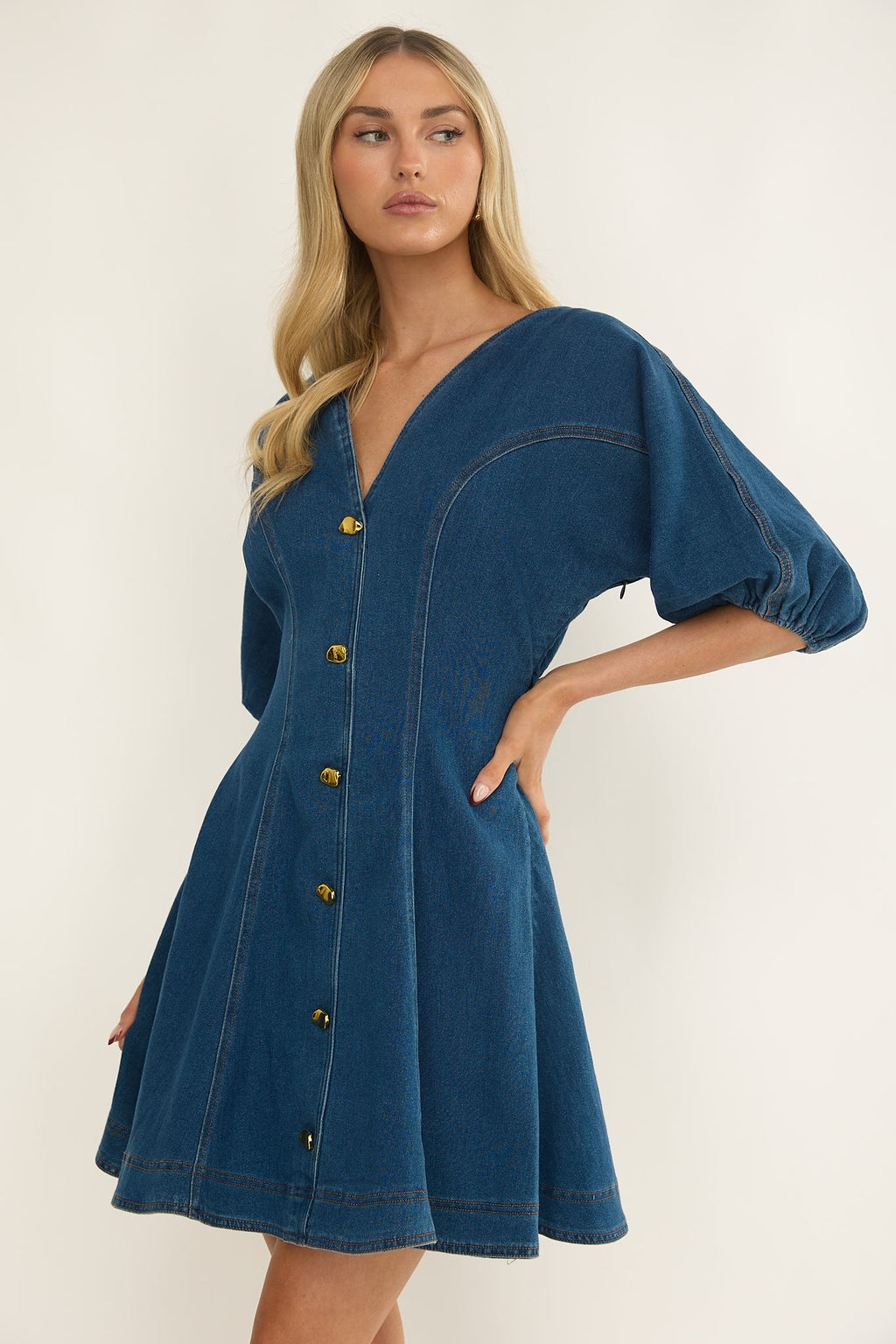 Rivette Bubble Sleeve Mini Dress Denim by Selfie Leslie Australia