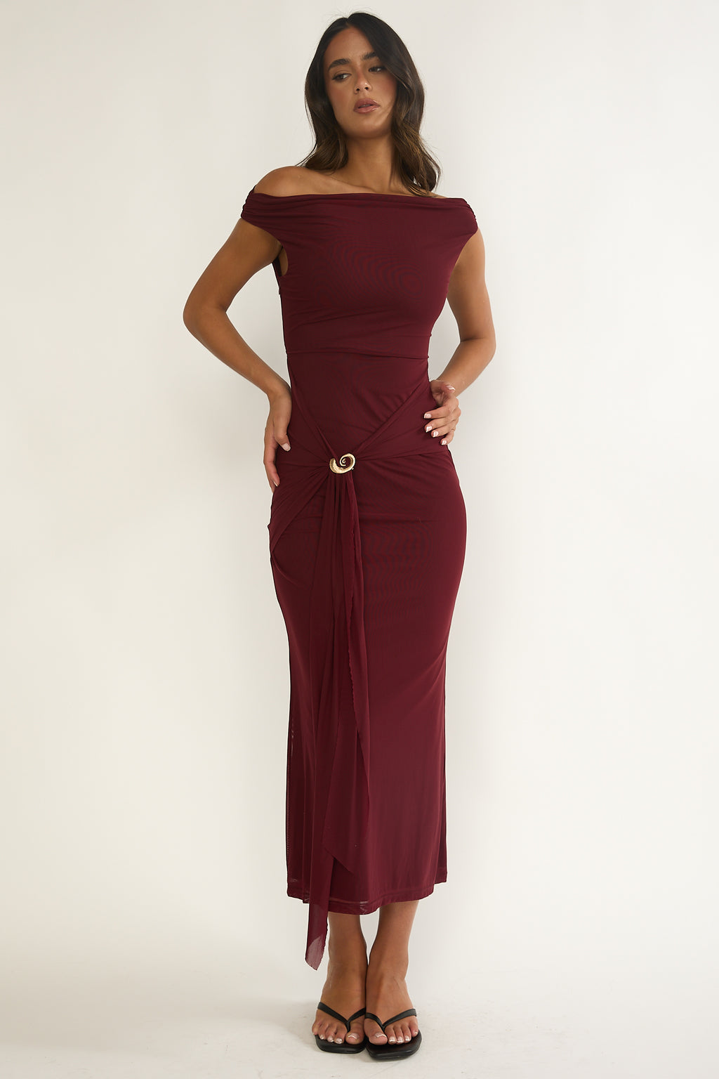 Lyssia Off-Shoulder Waist Sash Maxi Dress Cherry by Selfie Leslie Australia