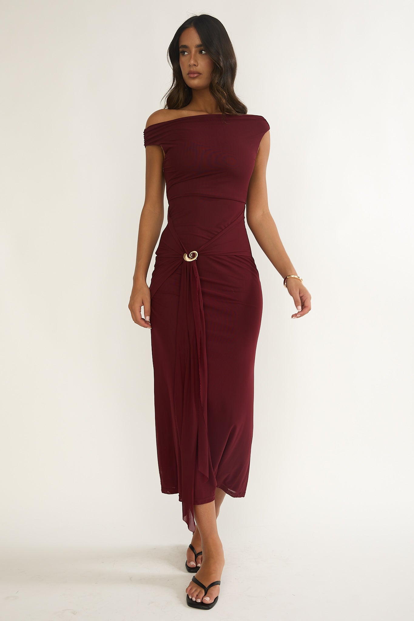 Lyssia Off-Shoulder Waist Sash Maxi Dress Cherry by Selfie Leslie Australia