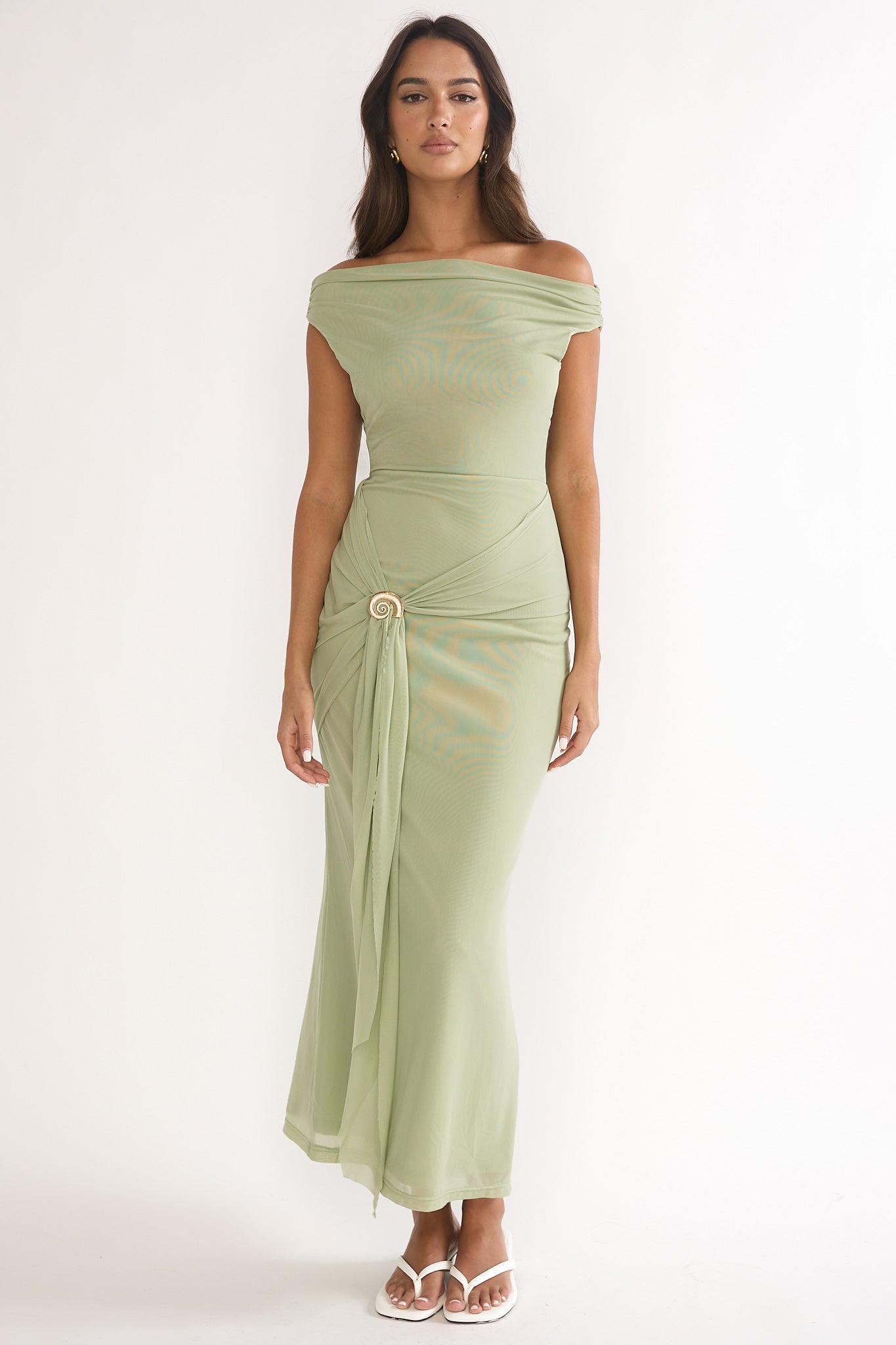 Lyssia Off-Shoulder Waist Sash Maxi Dress Sage by Selfie Leslie Australia