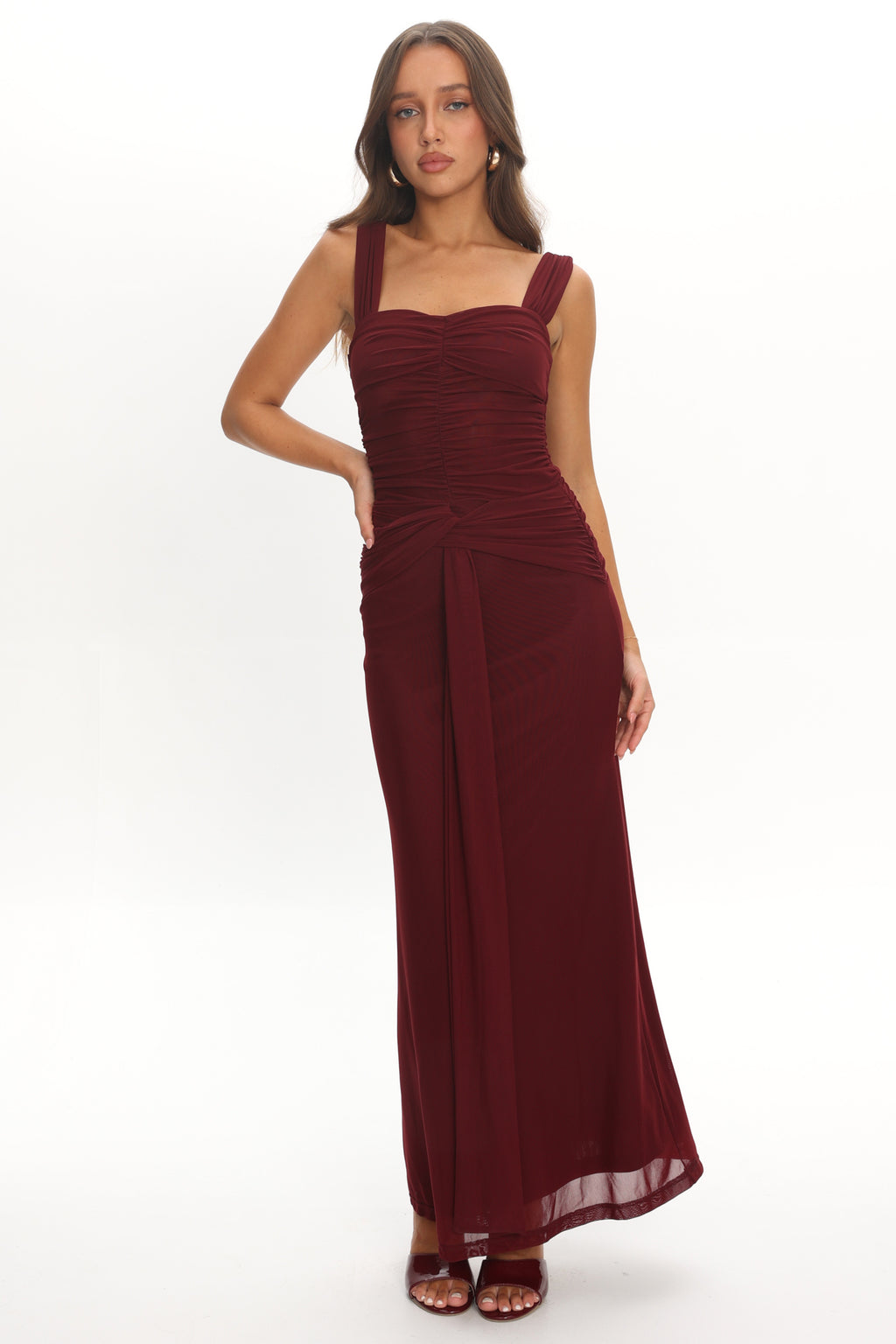 Emara Ruched Waist Sash Maxi Dress Burgundy by Selfie Leslie Australia