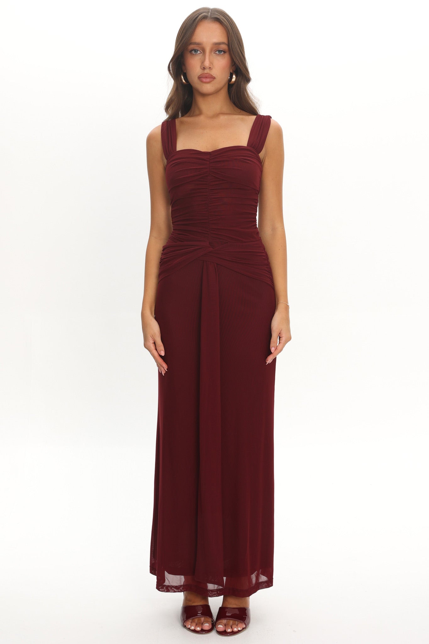 Emara Ruched Waist Sash Maxi Dress Burgundy | Selfie Leslie Australia Emara Ruched Waist Sash Maxi Dress Burgundy | Selfie Leslie Australia