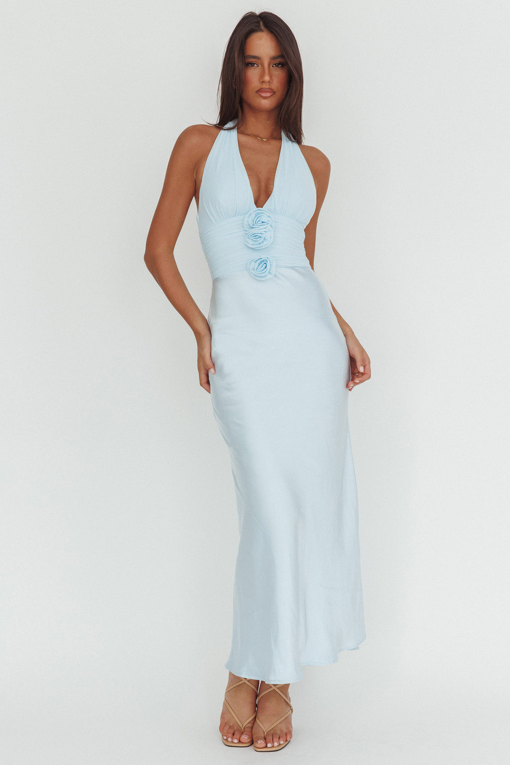 Heliora Halterneck Rosette Bust Maxi Dress Ice Blue by Selfie Leslie Australia