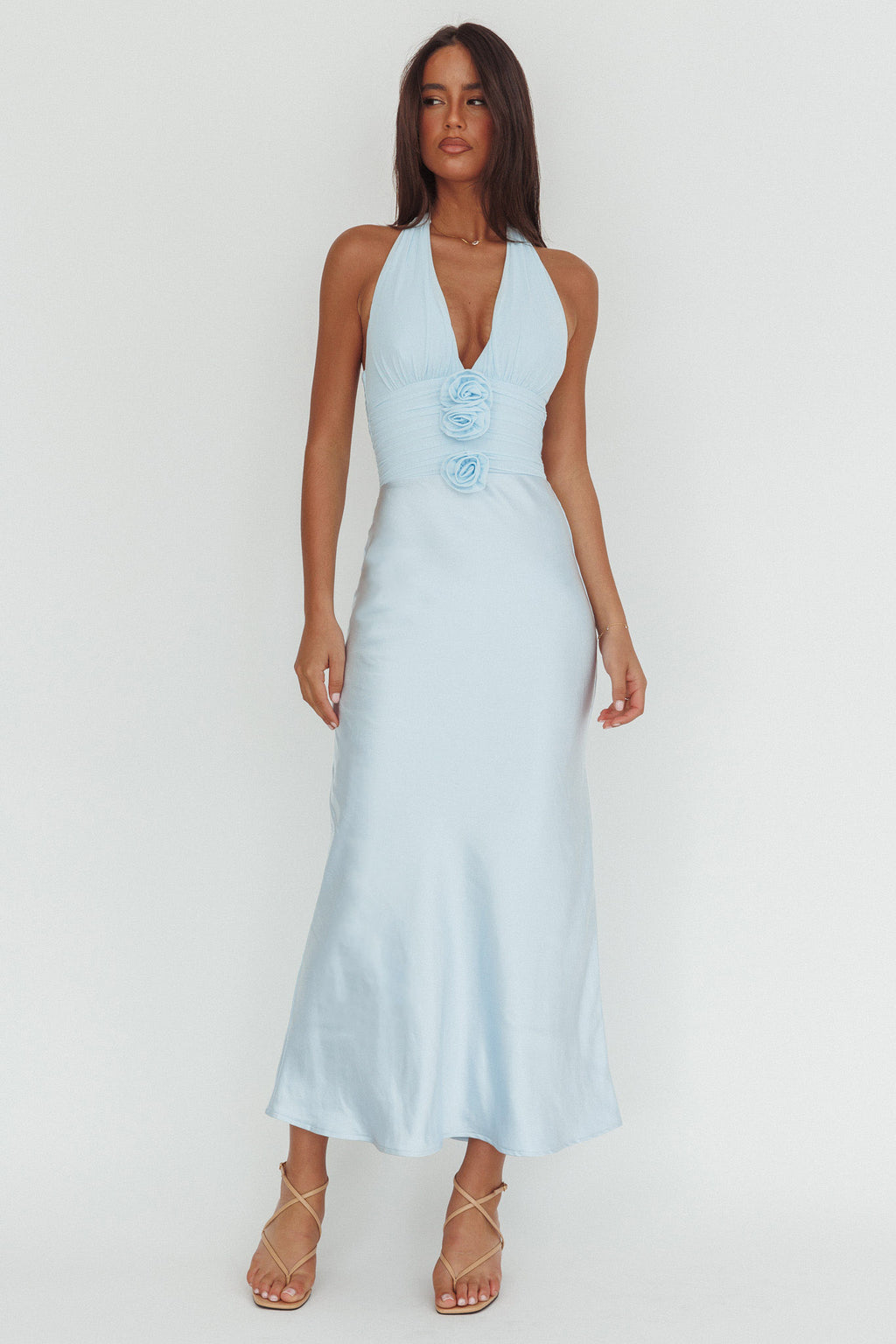 Heliora Halterneck Rosette Bust Maxi Dress Ice Blue by Selfie Leslie Australia