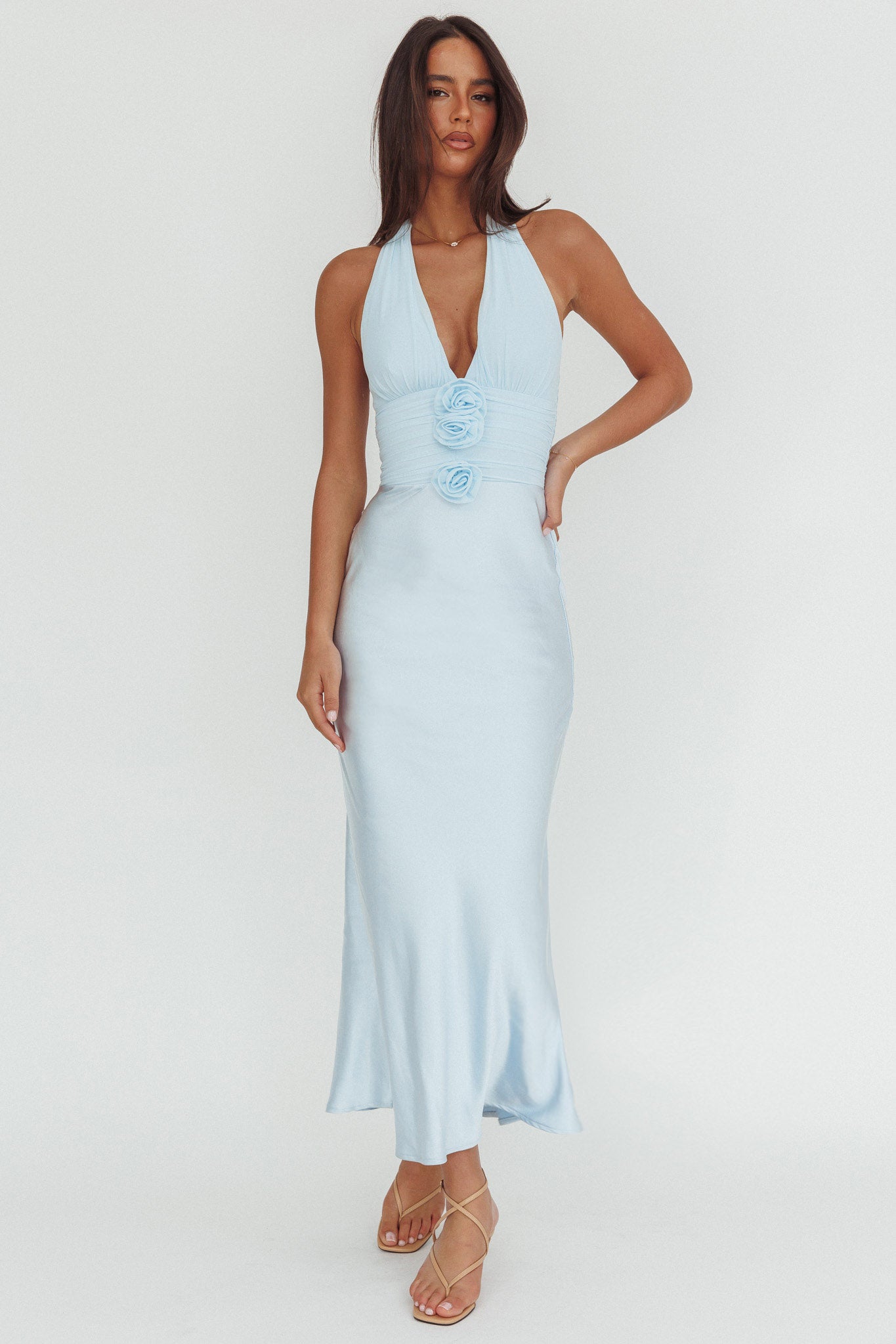 Heliora Halterneck Rosette Bust Maxi Dress Ice Blue by Selfie Leslie Australia