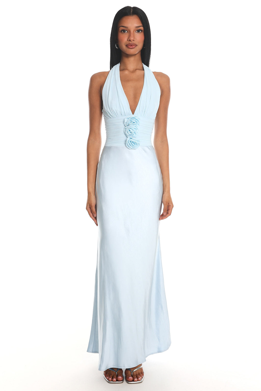 Heliora Halterneck Rosette Bust Maxi Dress Ice Blue by Selfie Leslie Australia