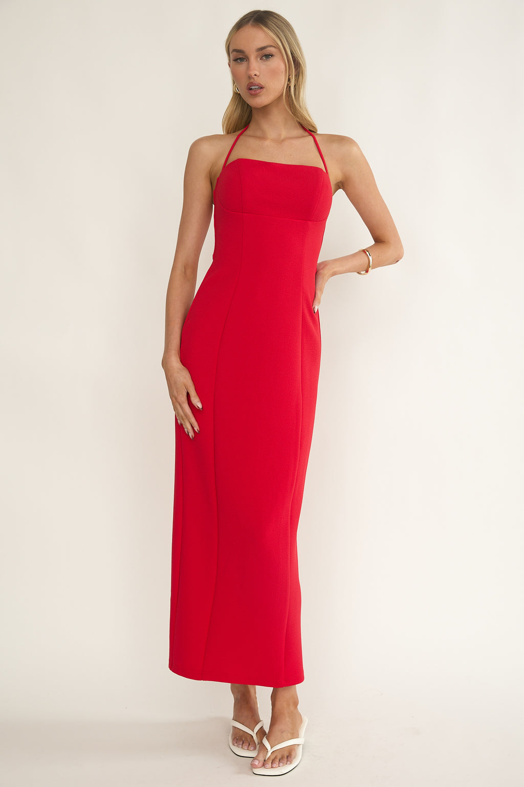 Chez Halterneck Textured Maxi Dress Red by Selfie Leslie Australia
