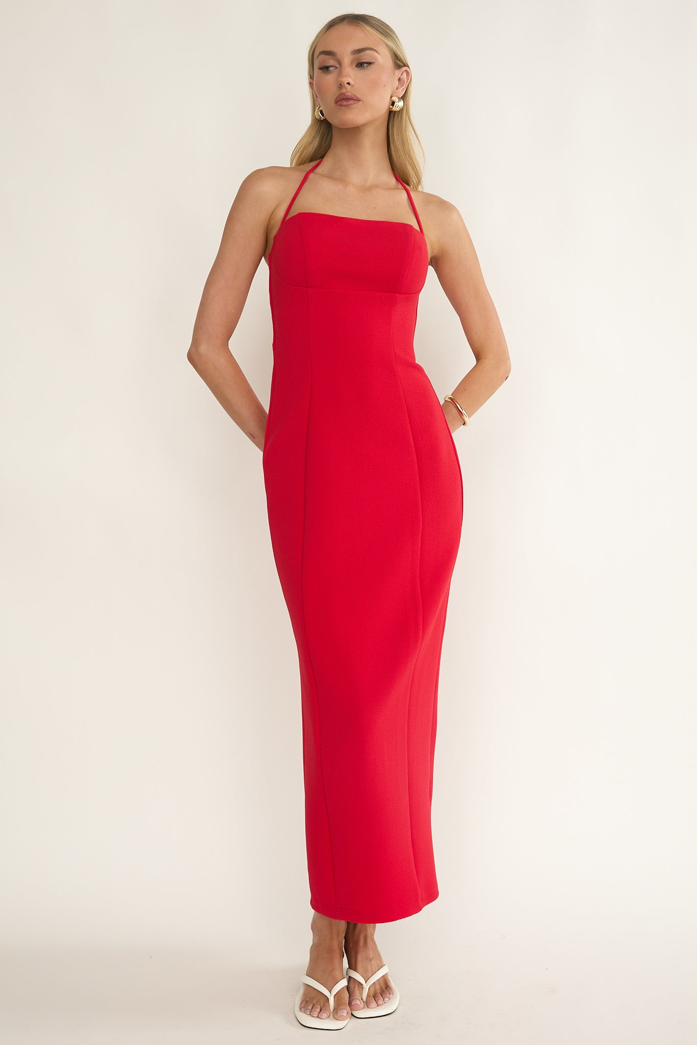Chez Halterneck Textured Maxi Dress Red by Selfie Leslie Australia