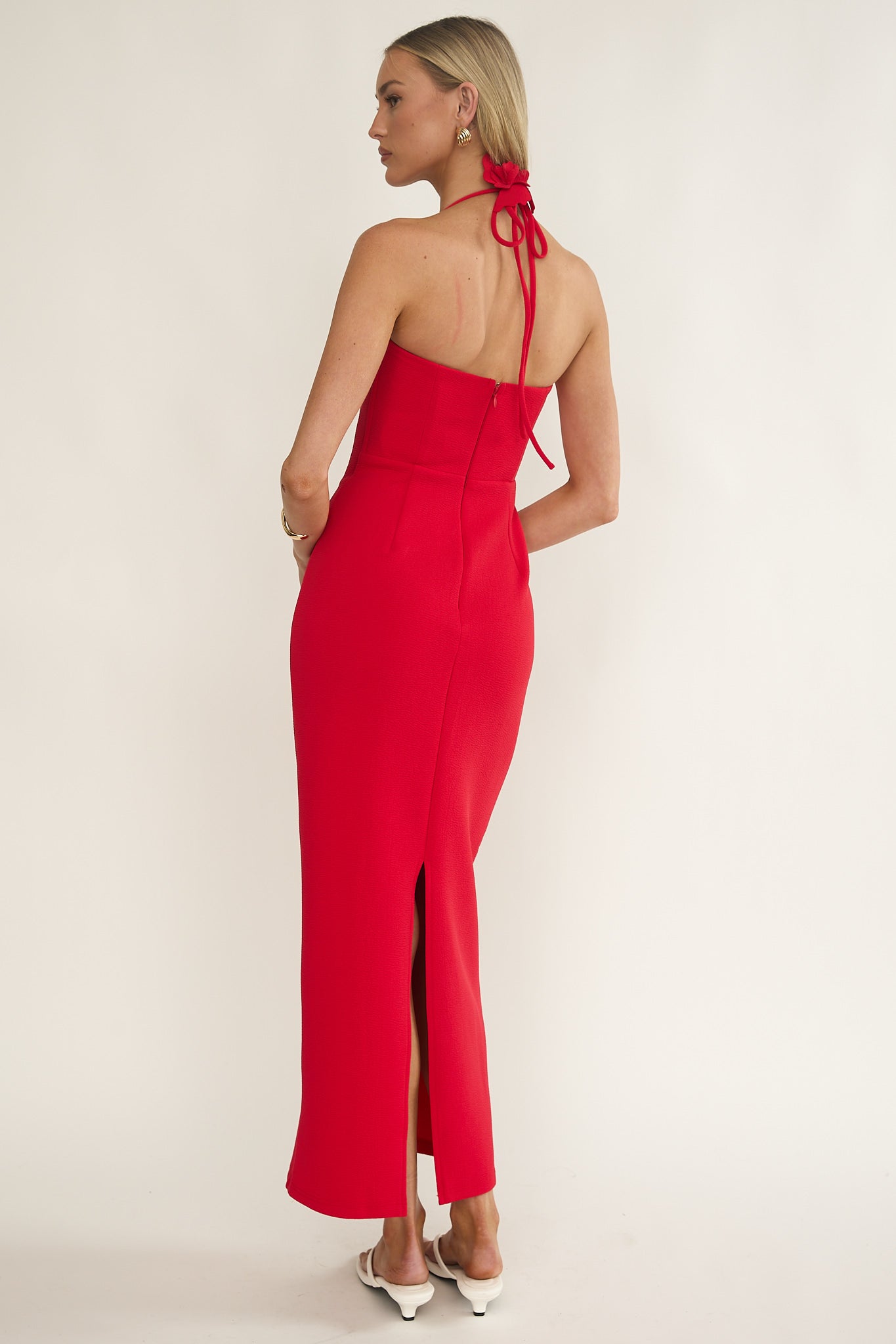 Chez Halterneck Textured Maxi Dress Red by Selfie Leslie Australia