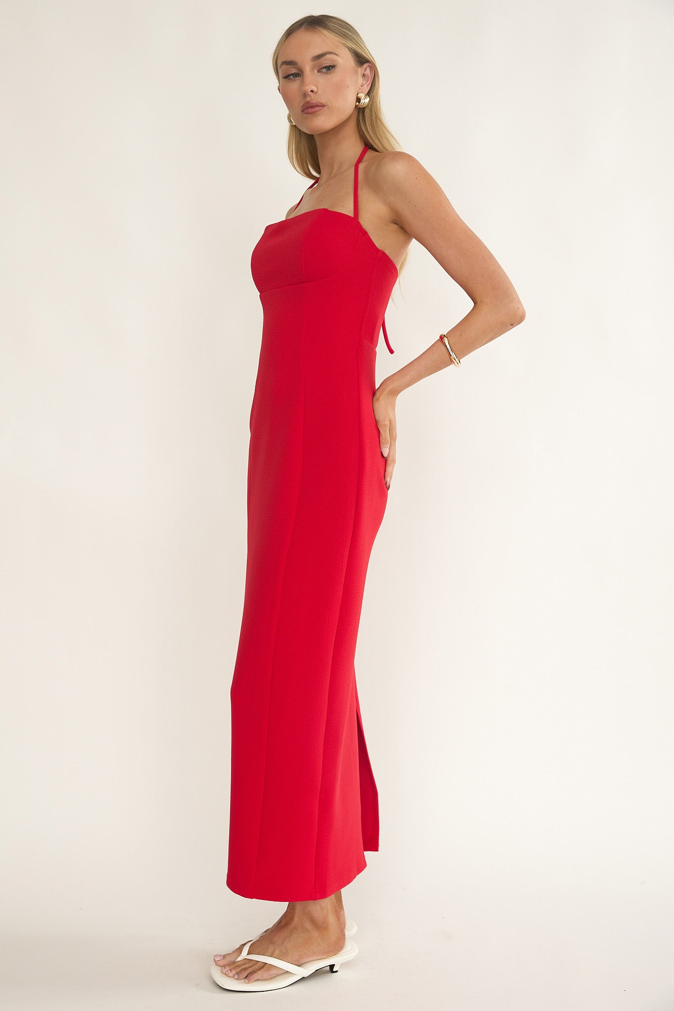 Chez Halterneck Textured Maxi Dress Red by Selfie Leslie Australia