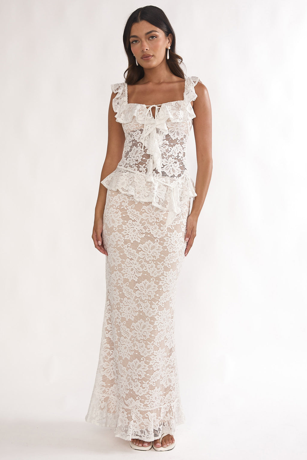 Kelina Ruffle Hem Lace Maxi Skirt White by Selfie Leslie Australia
