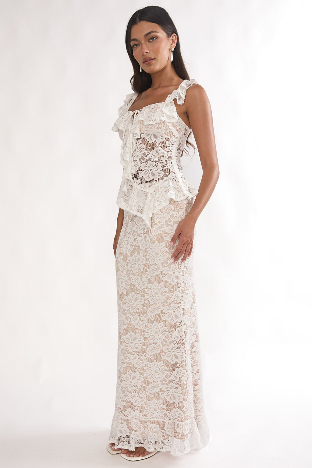 Kelina Ruffle Hem Lace Maxi Skirt White by Selfie Leslie Australia