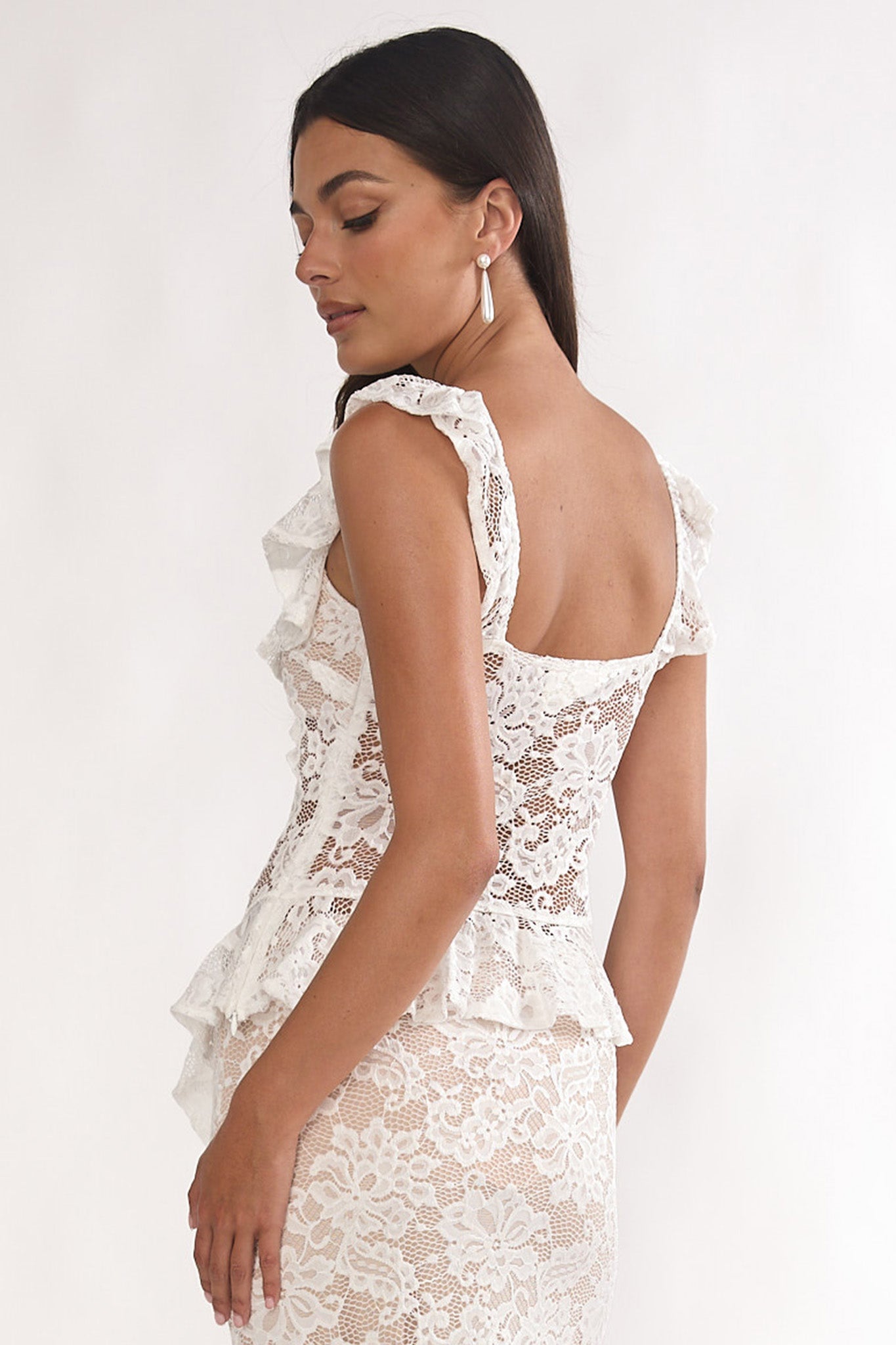 Kelina Ruffle Trim Lace Top White by Selfie Leslie Australia
