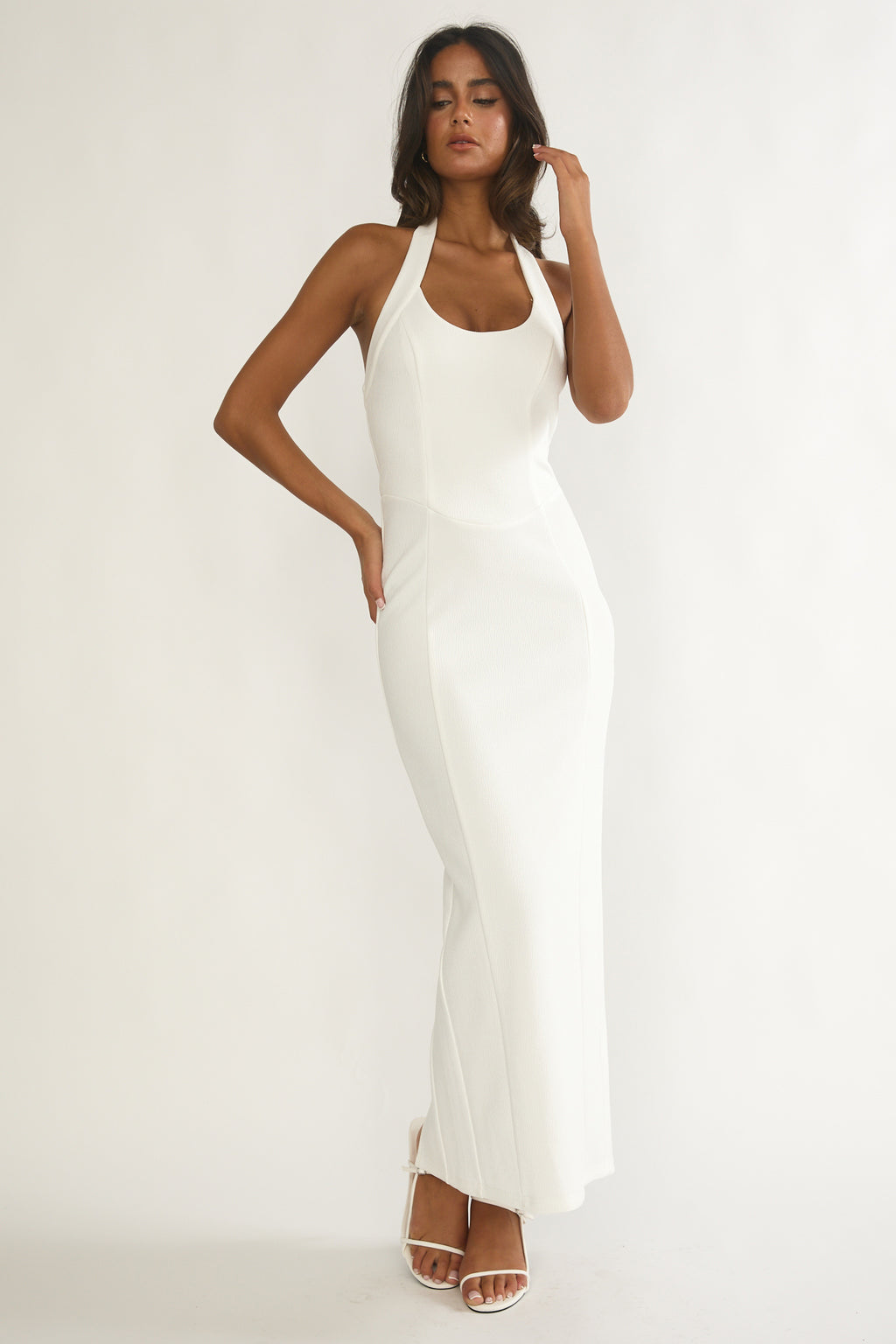 Shailyn Scoop Neck Halter Maxi Dress White by Selfie Leslie Australia