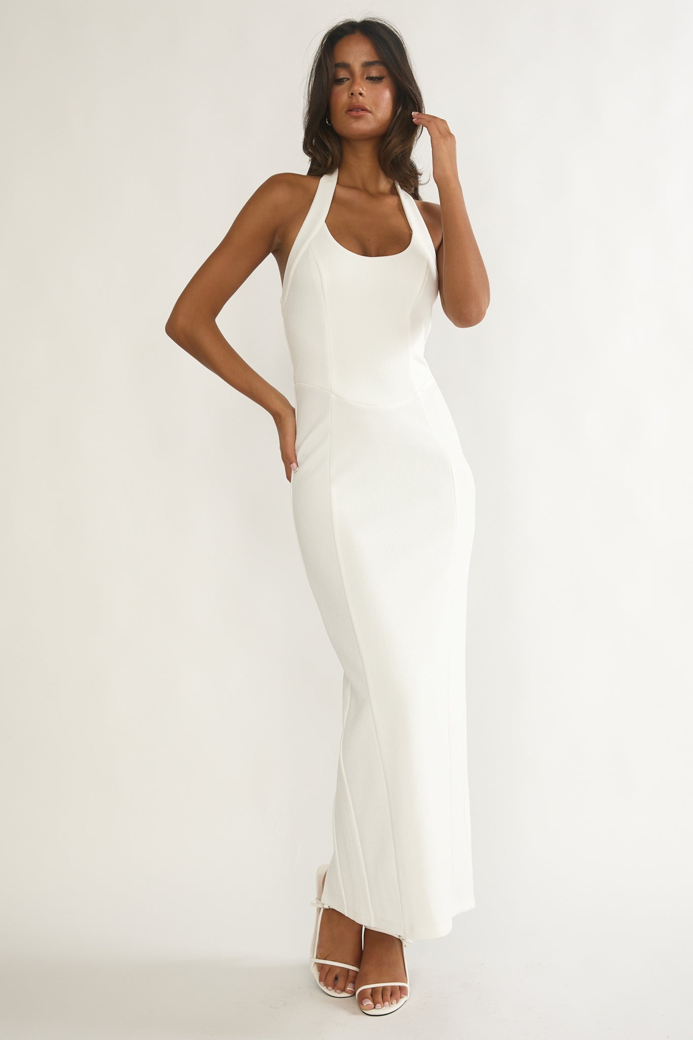 Shailyn Scoop Neck Halter Maxi Dress White by Selfie Leslie Australia