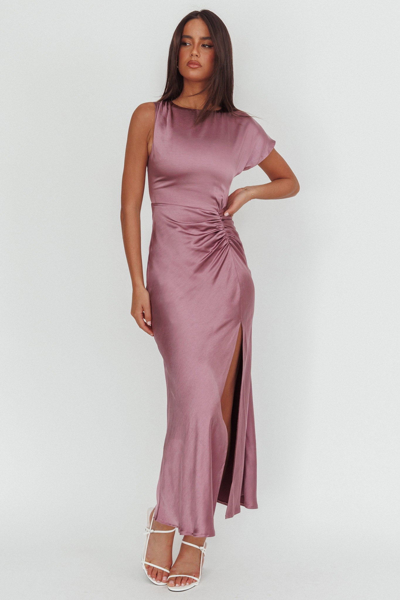 Larelle One-Sleeve Front Split Maxi Dress Grape by Selfie Leslie Australia