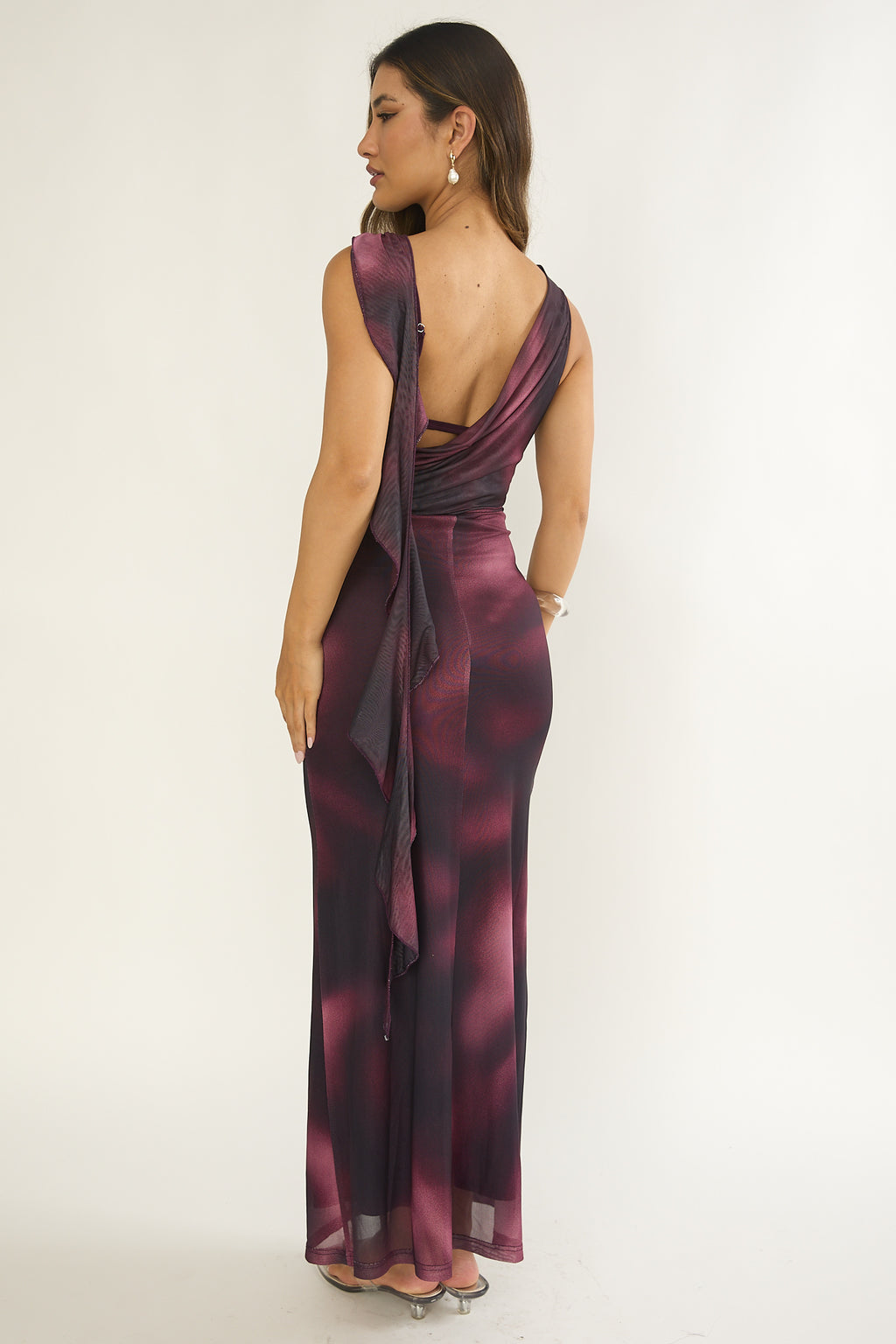 Saffra Shoulder Sash Ruched Maxi Dress Print Wine by Selfie Leslie Australia