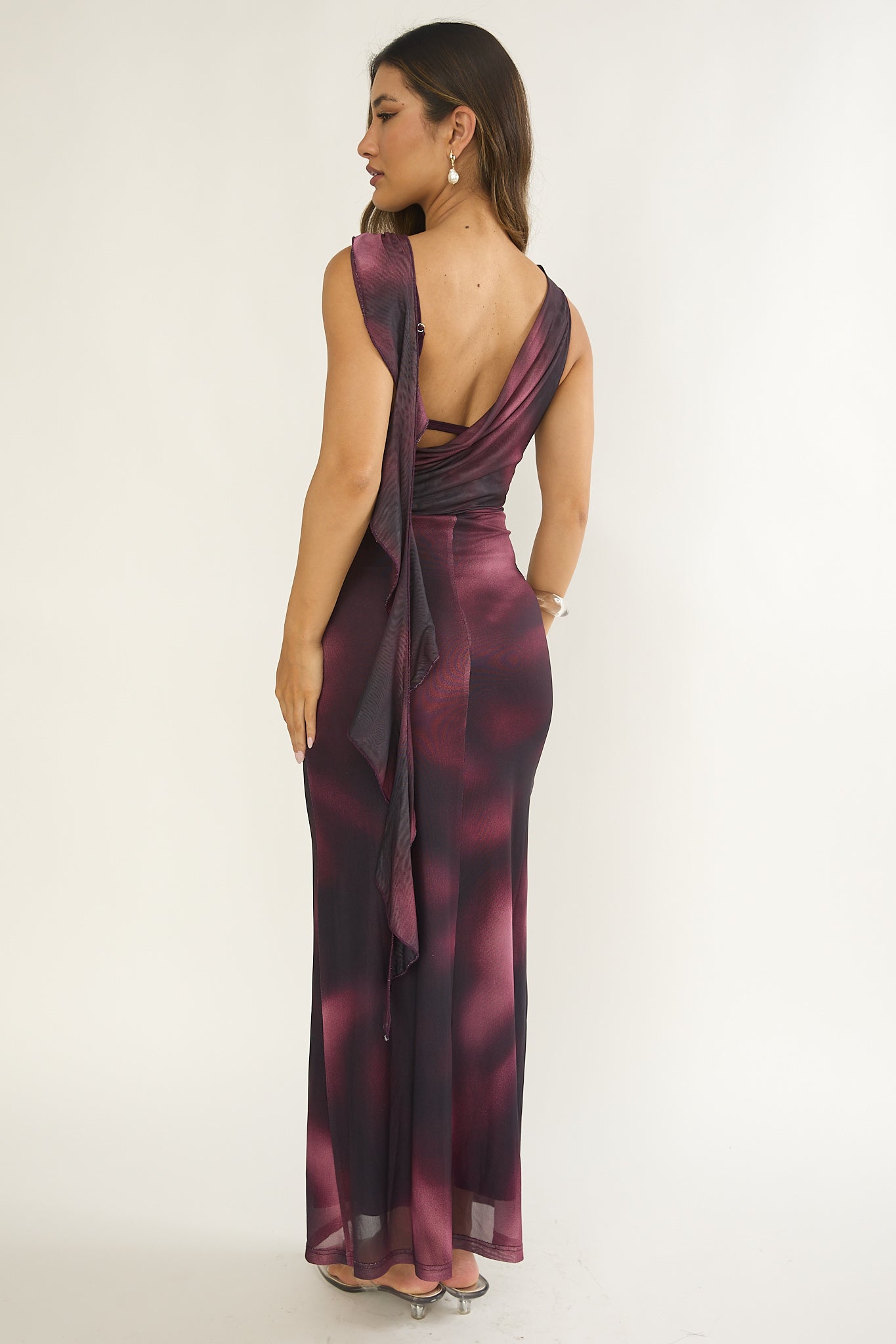 Saffra Shoulder Sash Ruched Maxi Dress Print Wine by Selfie Leslie Australia