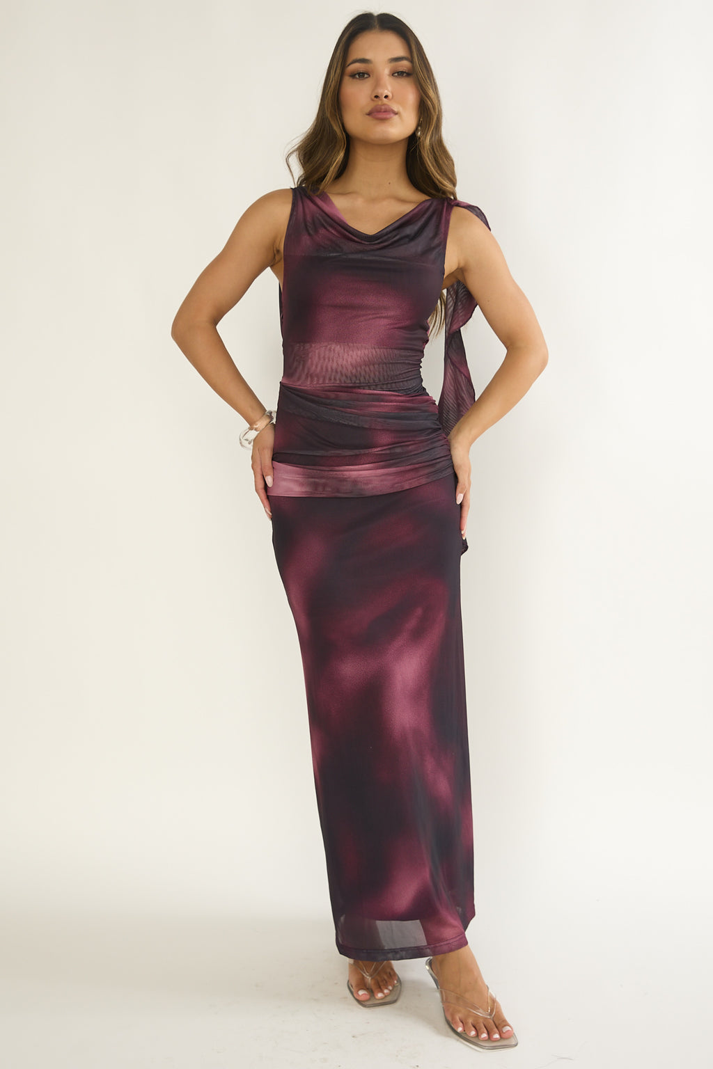 Saffra Shoulder Sash Ruched Maxi Dress Print Wine by Selfie Leslie Australia