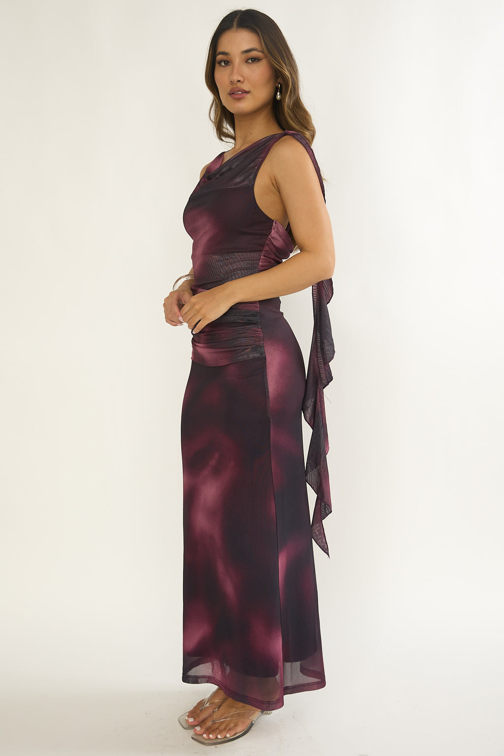 Saffra Shoulder Sash Ruched Maxi Dress Print Wine by Selfie Leslie Australia