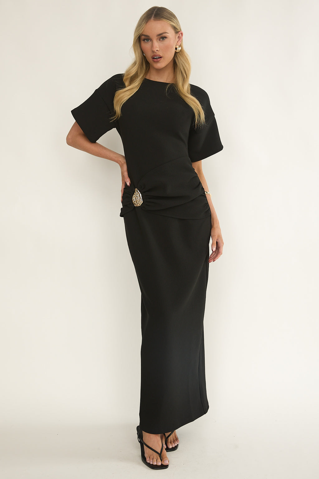 Briona Short Sleeve Buckle Maxi Dress Black by Selfie Leslie Australia