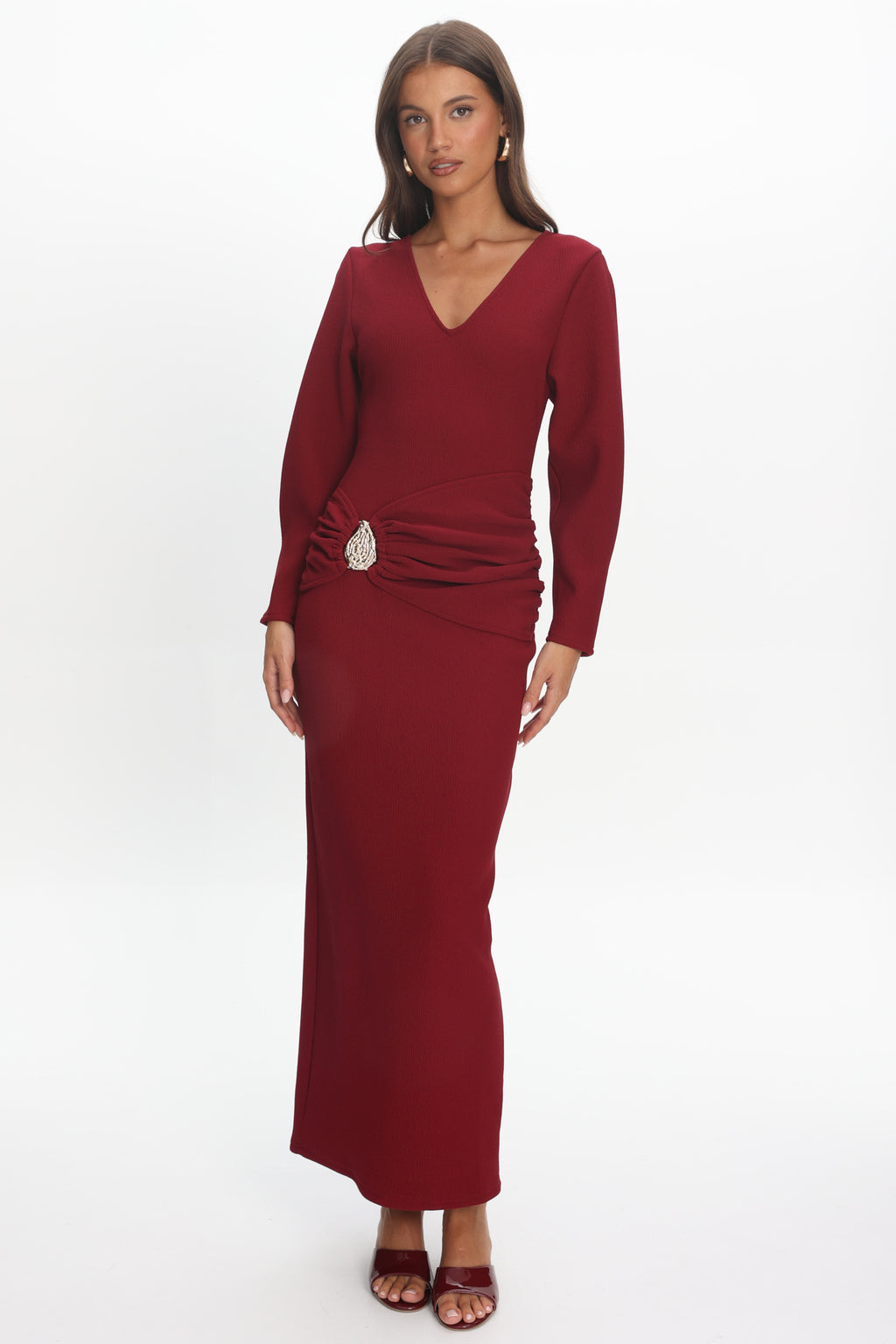Briona Long Sleeve Buckle Maxi Dress Burgundy by Selfie Leslie Australia