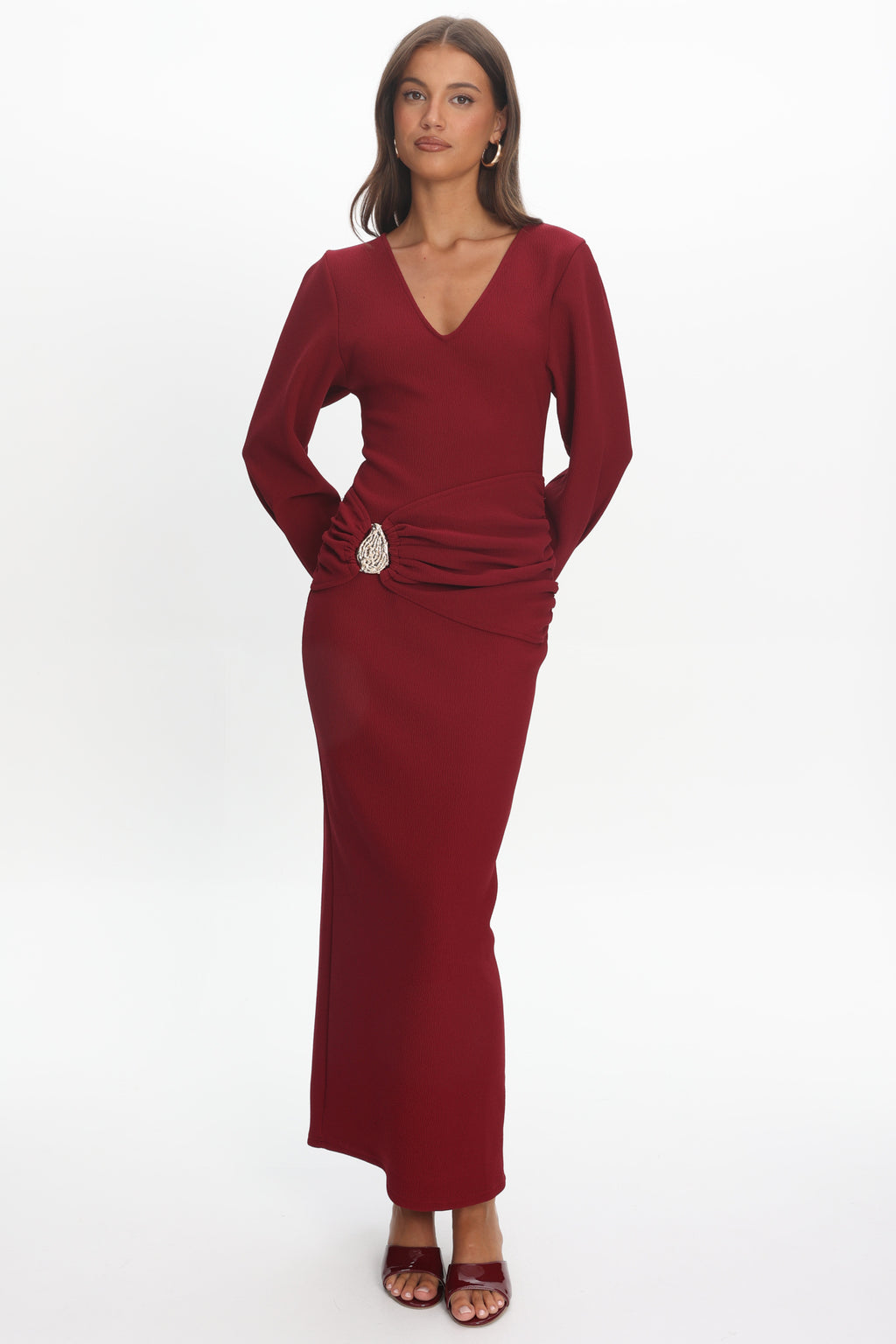 Briona Long Sleeve Buckle Maxi Dress Burgundy by Selfie Leslie Australia