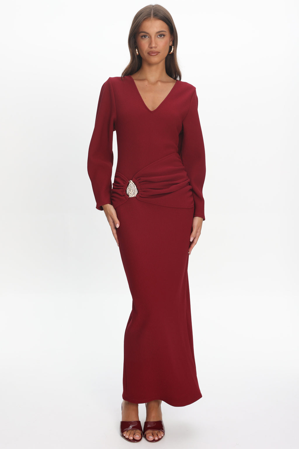Briona Long Sleeve Buckle Maxi Dress Burgundy by Selfie Leslie Australia
