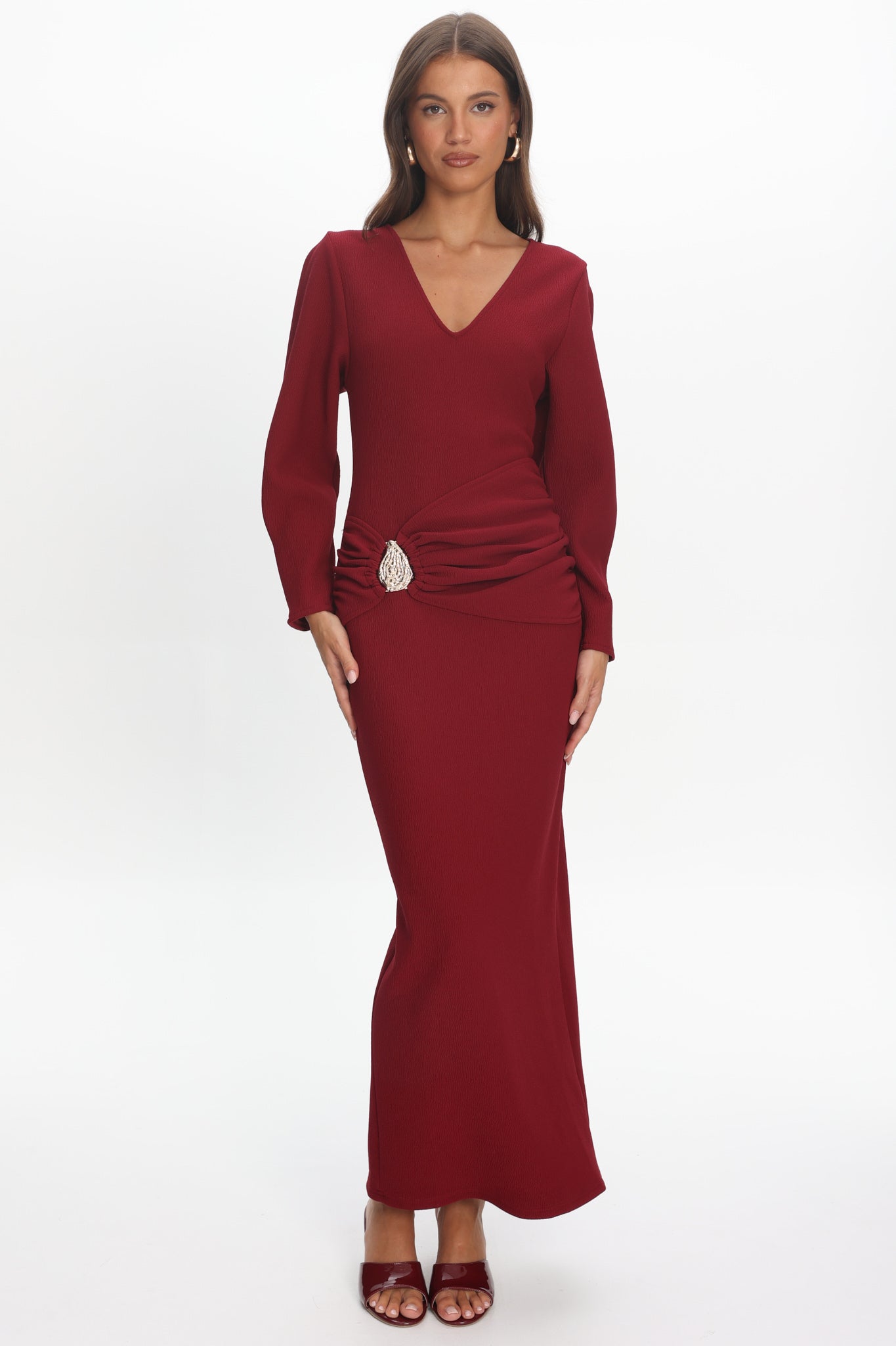 Briona Long Sleeve Buckle Maxi Dress Burgundy by Selfie Leslie Australia
