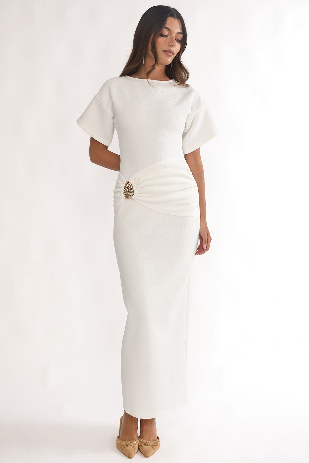 Briona Short Sleeve Buckle Maxi Dress White by Selfie Leslie Australia