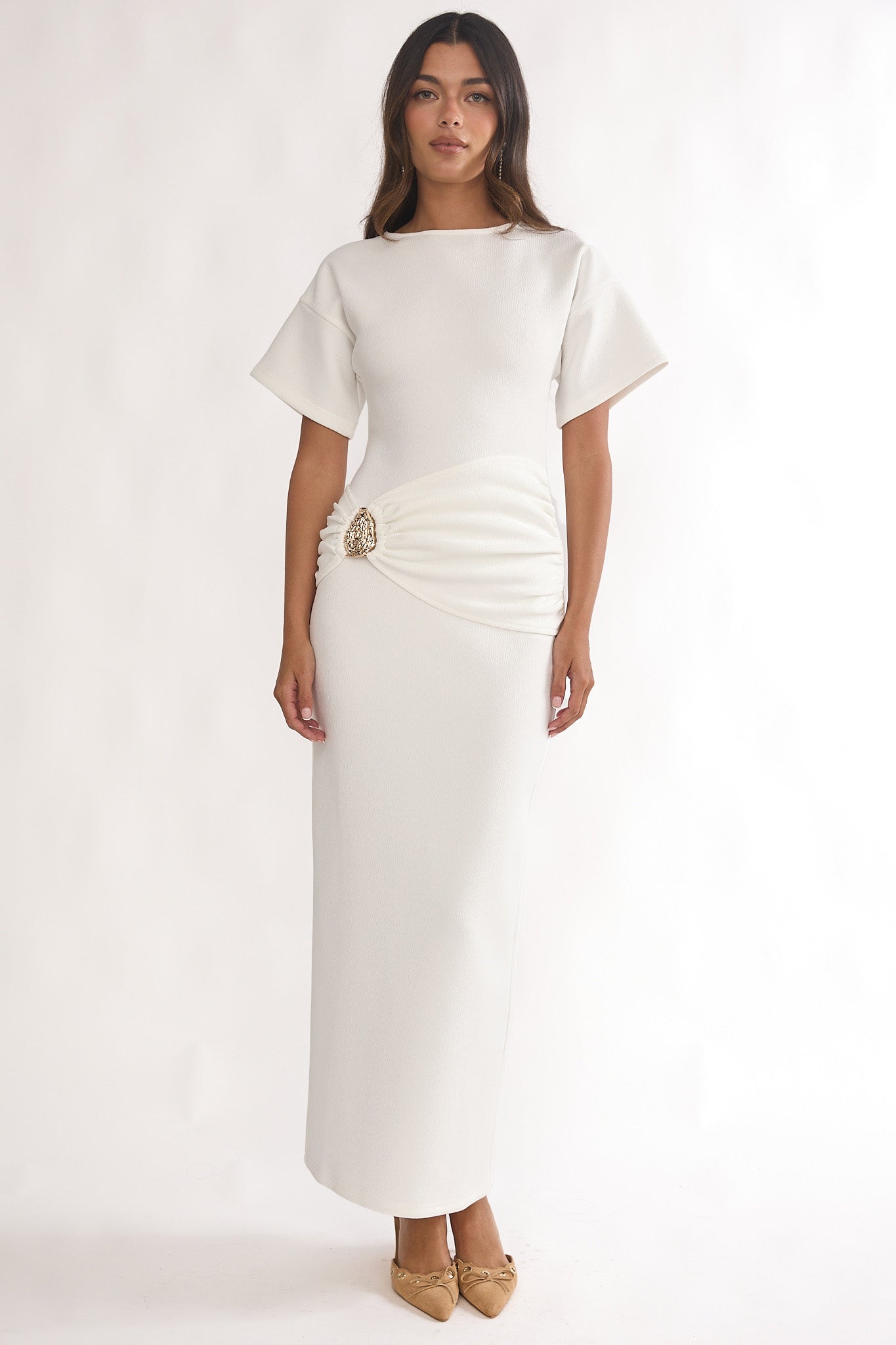 Briona Short Sleeve Buckle Maxi Dress White by Selfie Leslie Australia