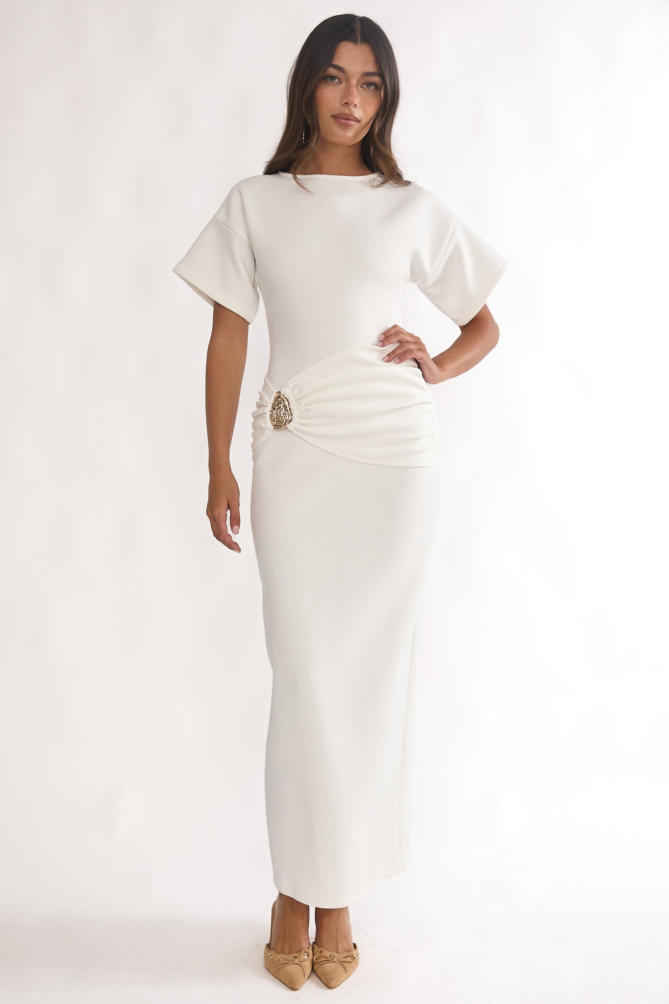 Briona Short Sleeve Buckle Maxi Dress White by Selfie Leslie Australia