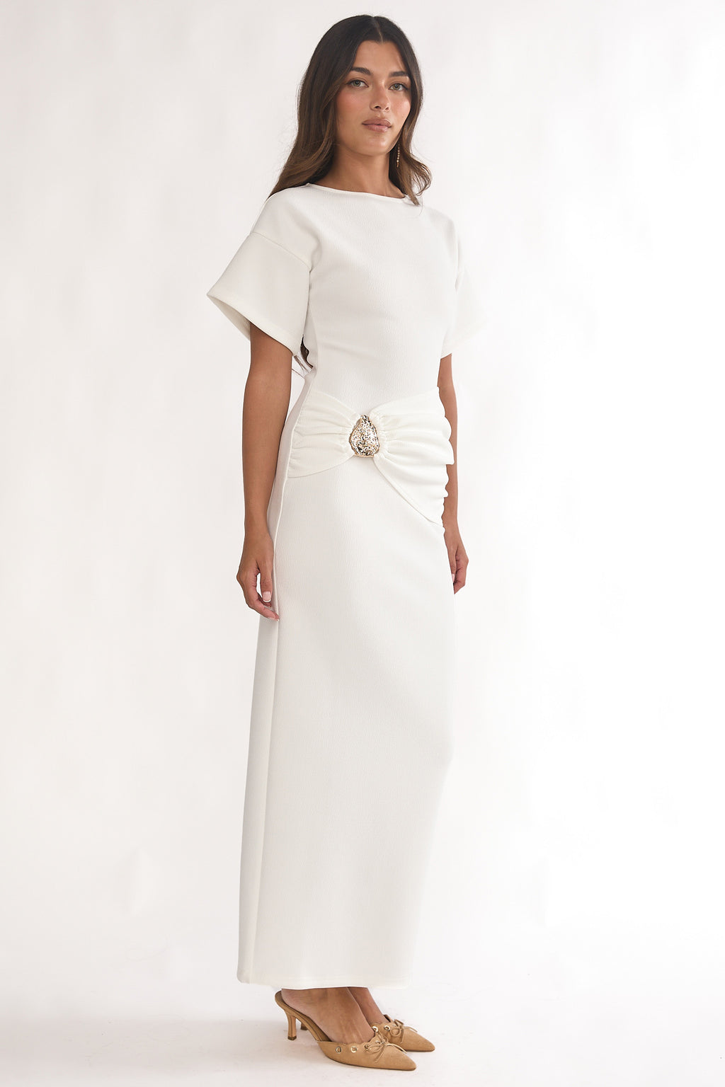 Briona Short Sleeve Buckle Maxi Dress White by Selfie Leslie Australia