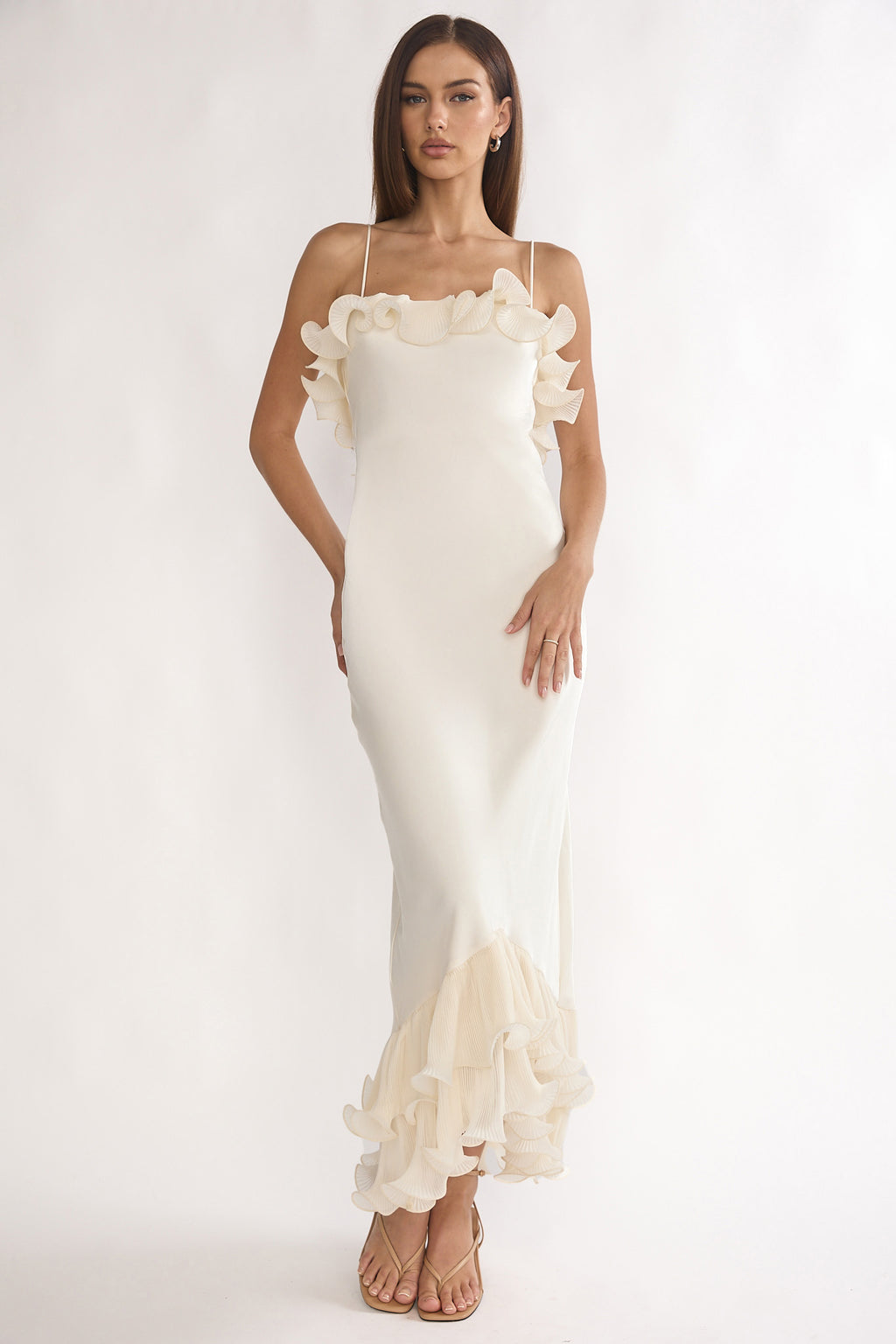 Okay, Cupid Low Back Ruffle Trim Maxi Dress Oyster by Selfie Leslie Australia