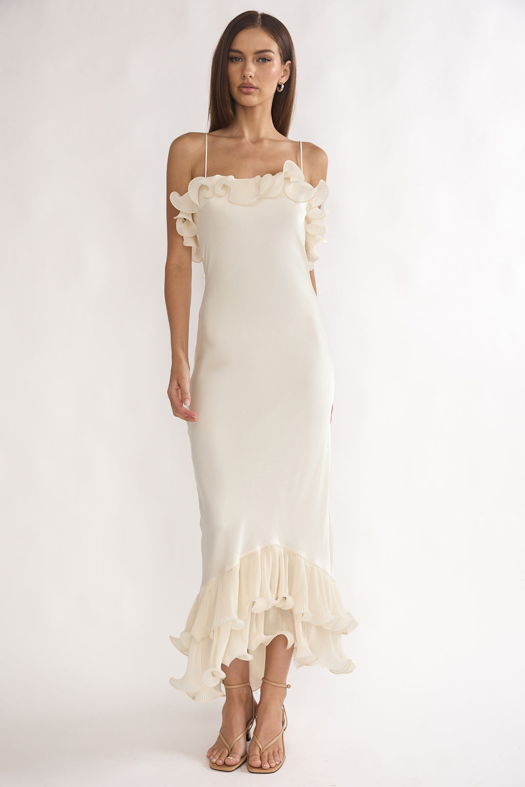Okay, Cupid Low Back Ruffle Trim Maxi Dress Oyster by Selfie Leslie Australia