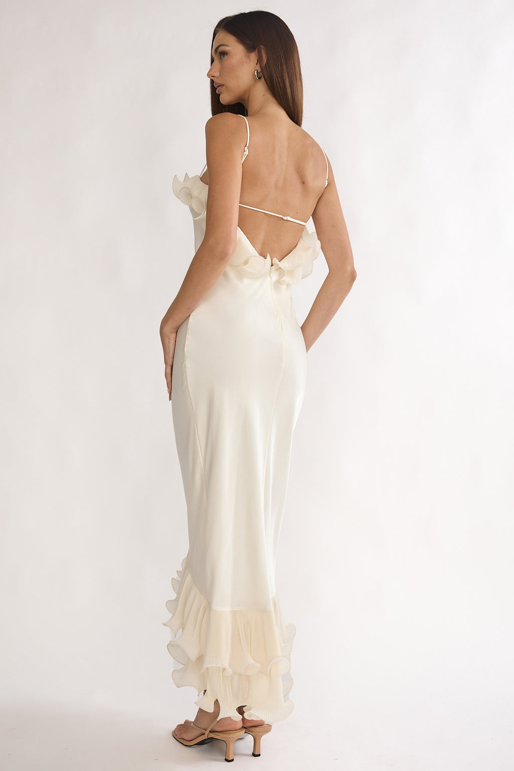 Okay, Cupid Low Back Ruffle Trim Maxi Dress Oyster by Selfie Leslie Australia