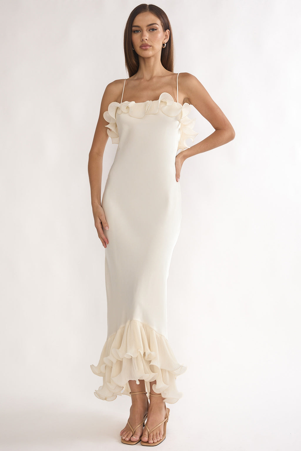 Okay, Cupid Low Back Ruffle Trim Maxi Dress Oyster by Selfie Leslie Australia