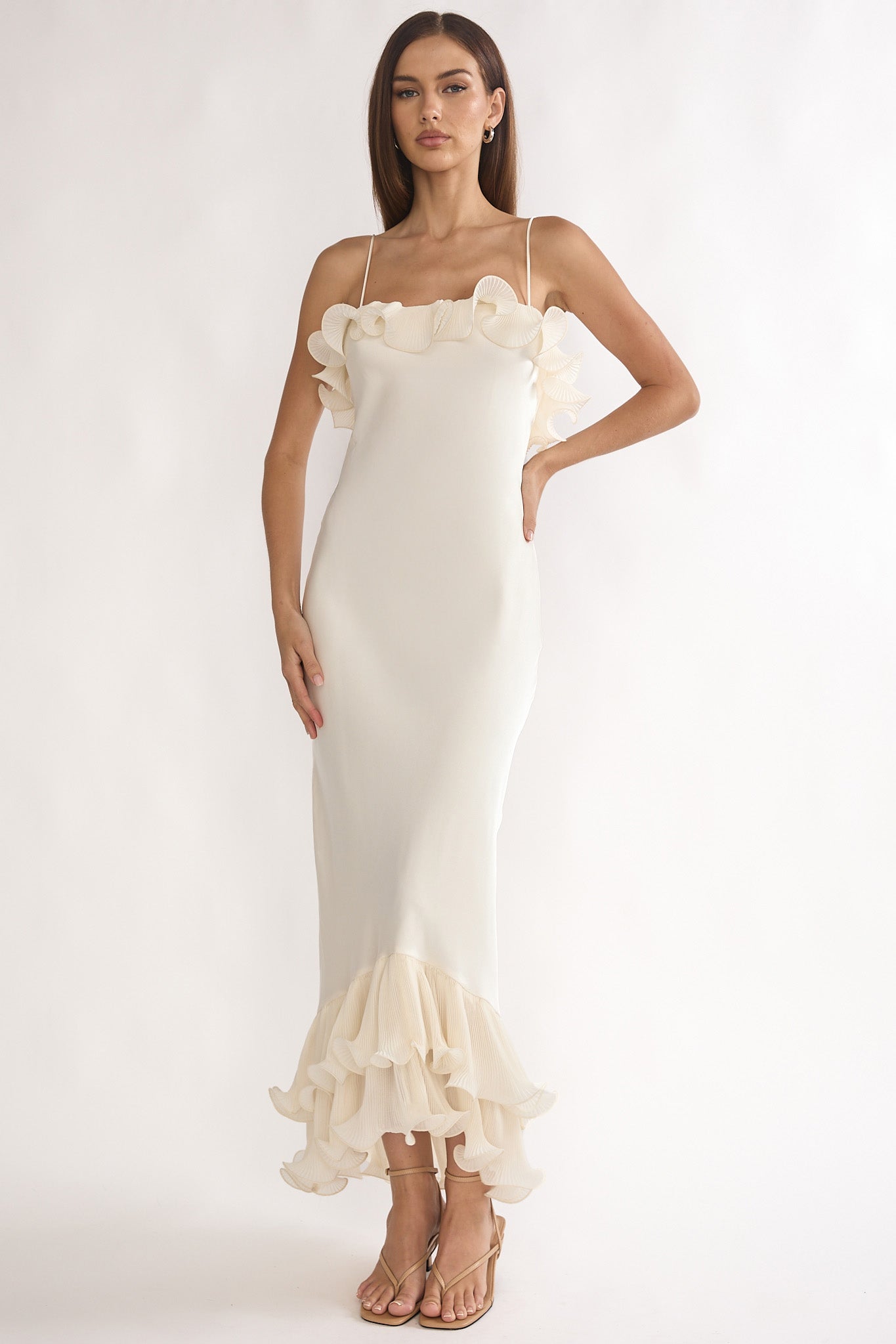 Okay, Cupid Low Back Ruffle Trim Maxi Dress Oyster by Selfie Leslie Australia