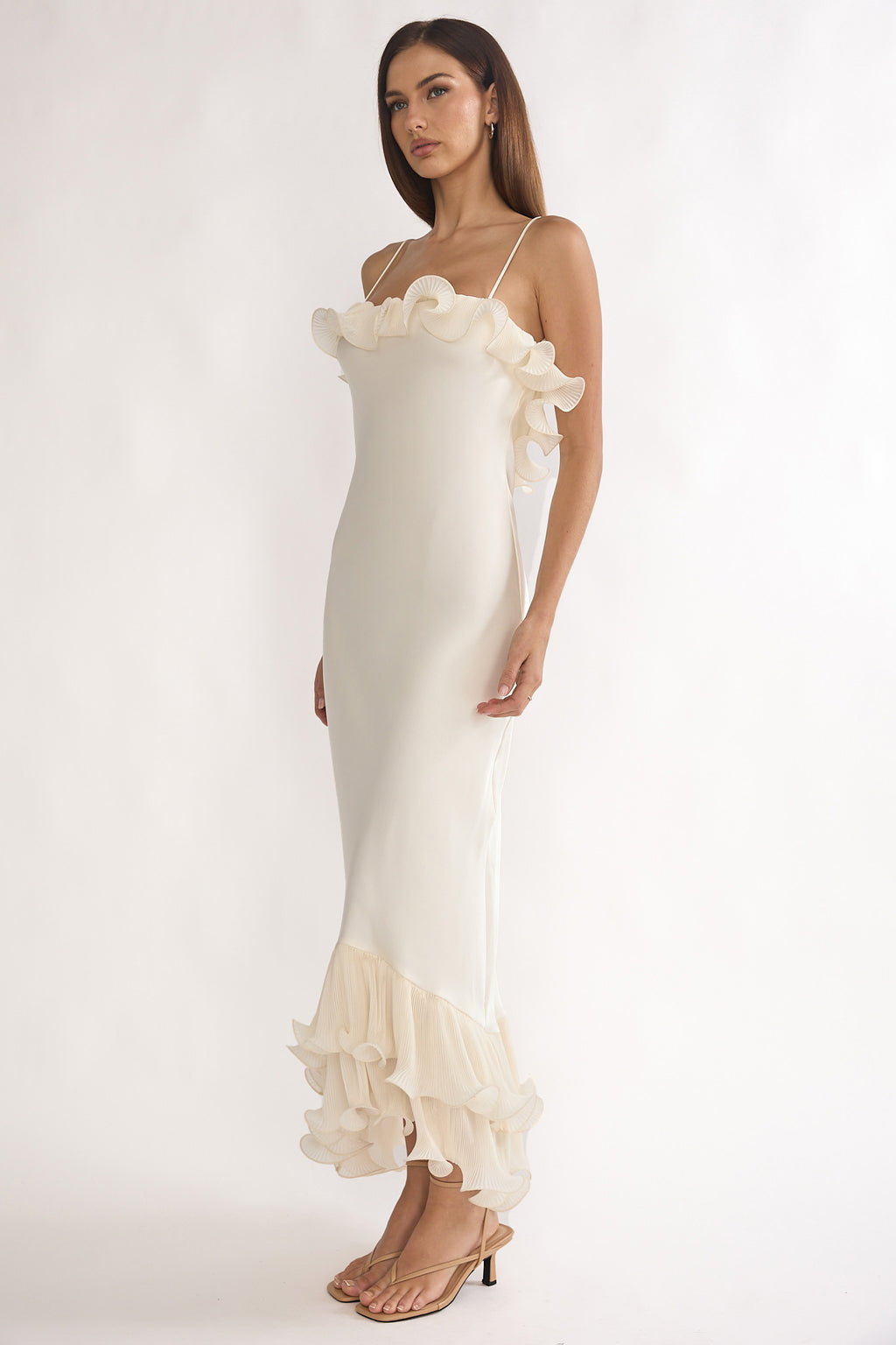 Okay, Cupid Low Back Ruffle Trim Maxi Dress Oyster by Selfie Leslie Australia